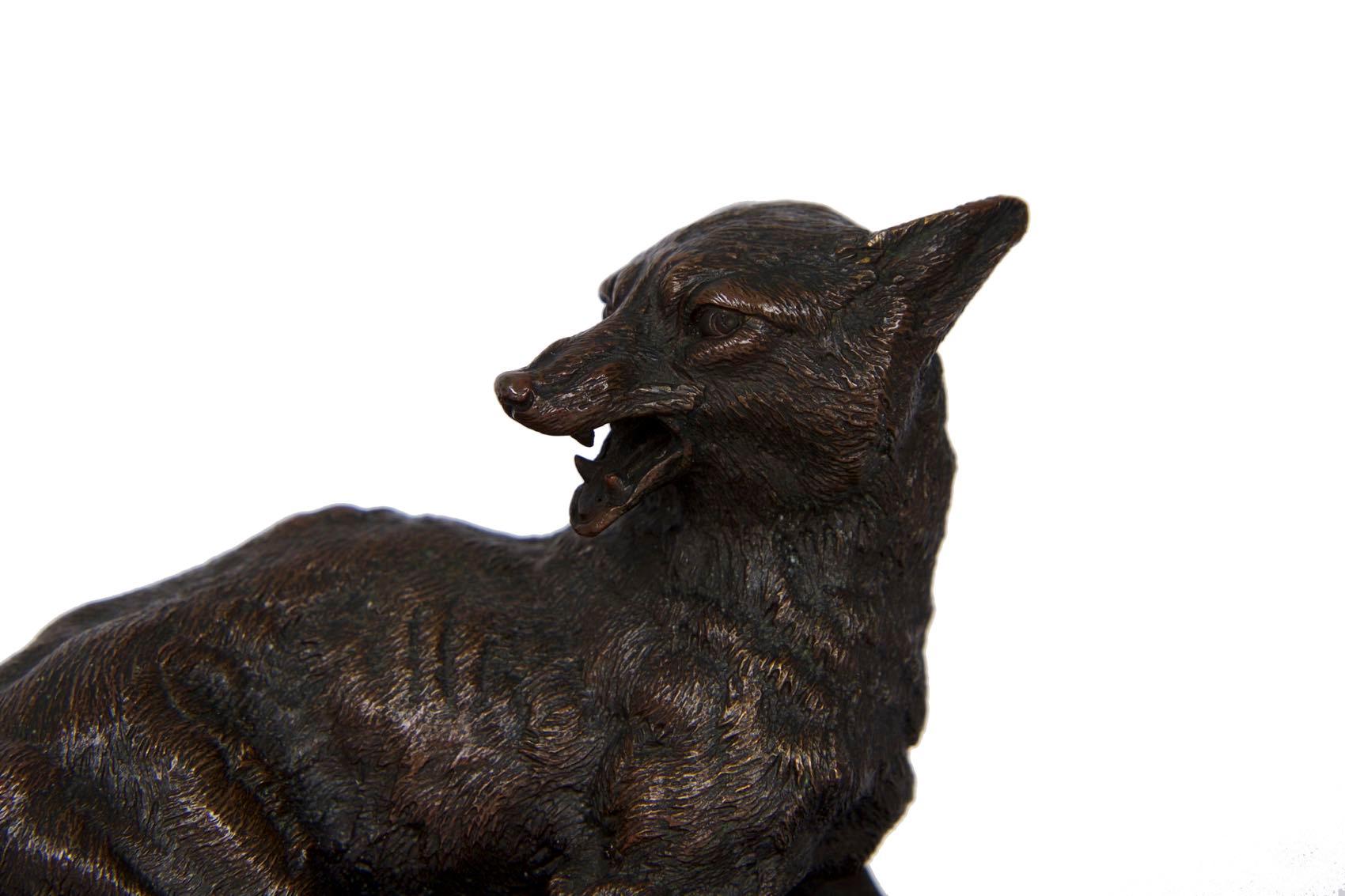 A rare and exceptionally well detailed model of a trapped fox, it is an expertly cast work that beautifully depicts this fear and surprise in the features of the captured creature. Always a realist and never Romantic, his animals are anatomically