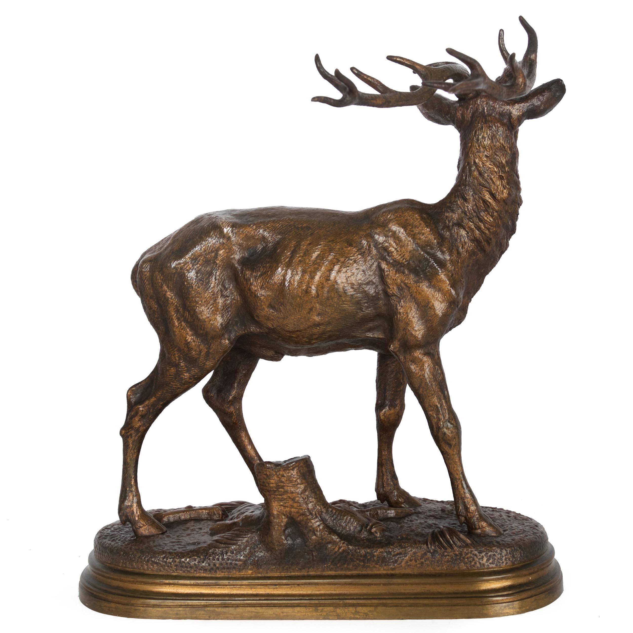 A beautifully textured model of Standing Stag by Alfred Dubucand, the sculpture features a wonderful all-over silky surface with fine overall texture captured directly from the mold with little cold-tooling evident. Individual hairs in the animal's