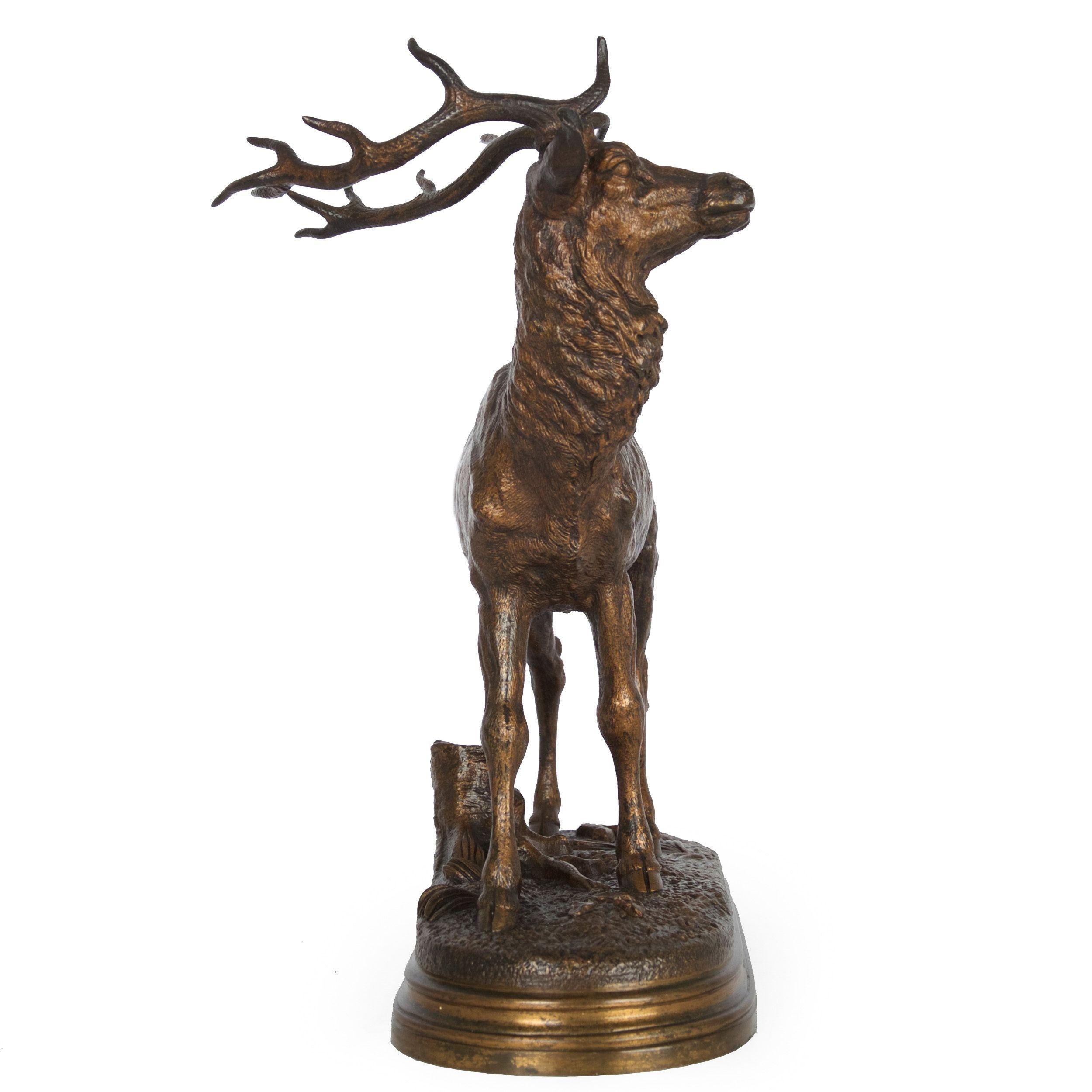 Romantic 19th Century French Antique Bronze Sculpture of Standing Stag by Alfred Dubucand