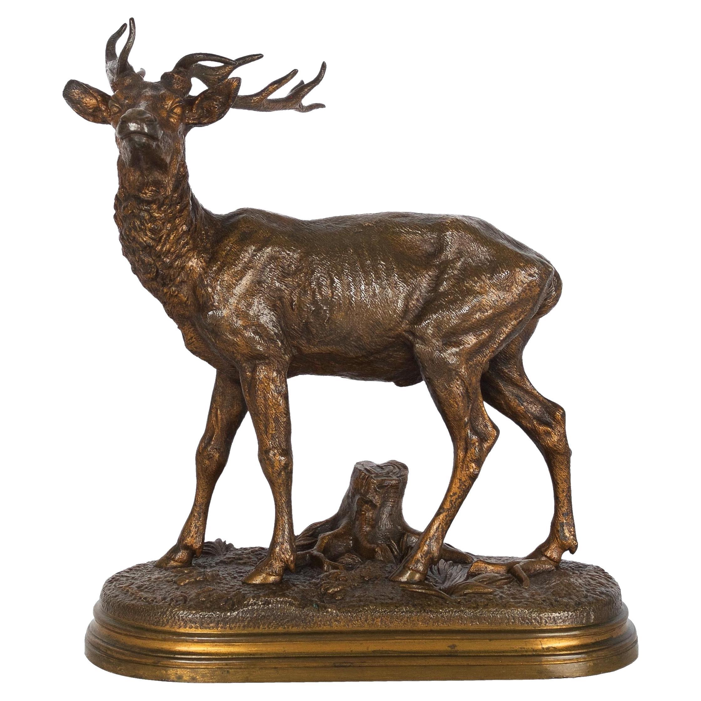 19th Century French Antique Bronze Sculpture of Standing Stag by Alfred Dubucand