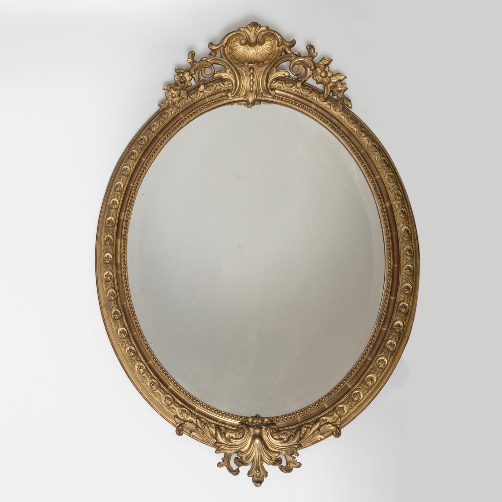 Louis XVI 19th Century French Antique Gilt Wood Oval Mirror with Shell Crest For Sale