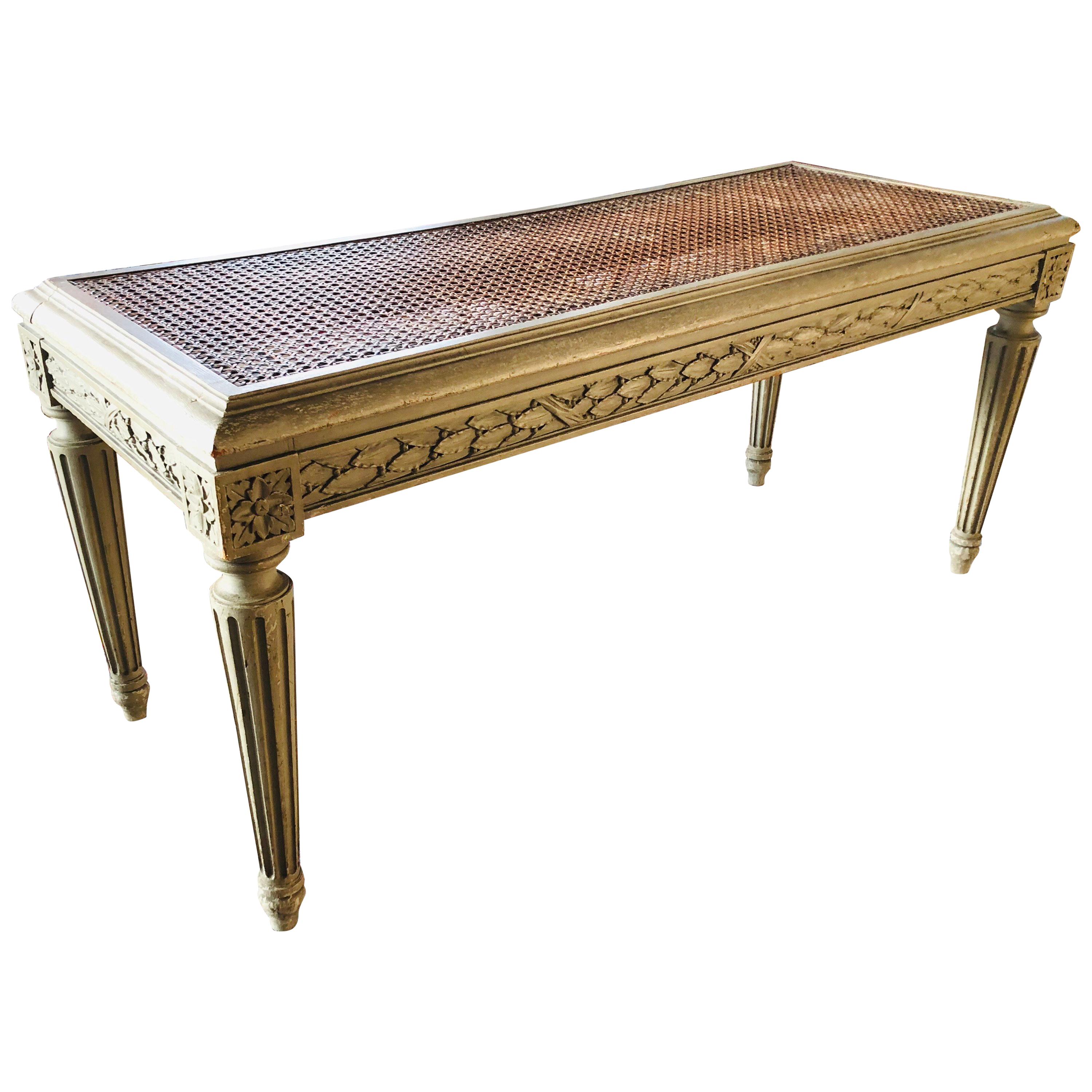 19th Century French Antique Hand Carved and Painted Cane Bench, Louis XVI Style