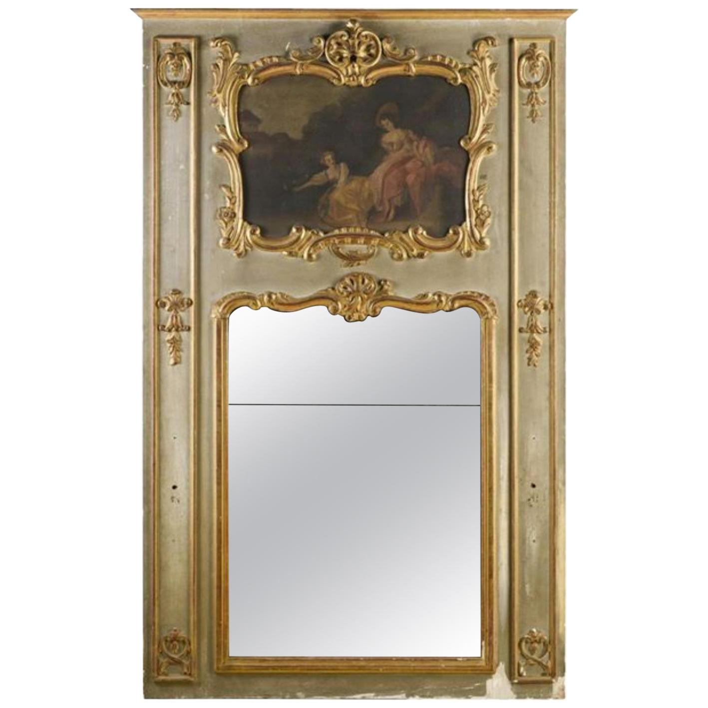 19th Century French Antique Hand Carved and Painted Fireplace Mirror, Louis XVI