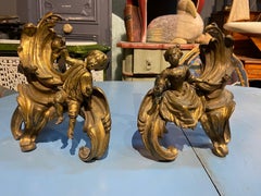 19th Century French Antique Hand Carved Bronze Fireplace Dogs with Characters
