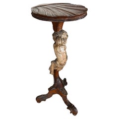 19th Century French Antique Hand Carved Wooden Tripod Table with Cherub