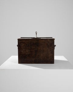 19th Century French Antique Iron Safe Trunk with Ornate Key and Patina