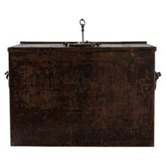 19th Century French Antique Iron Safe Trunk with Ornate Key and Patina