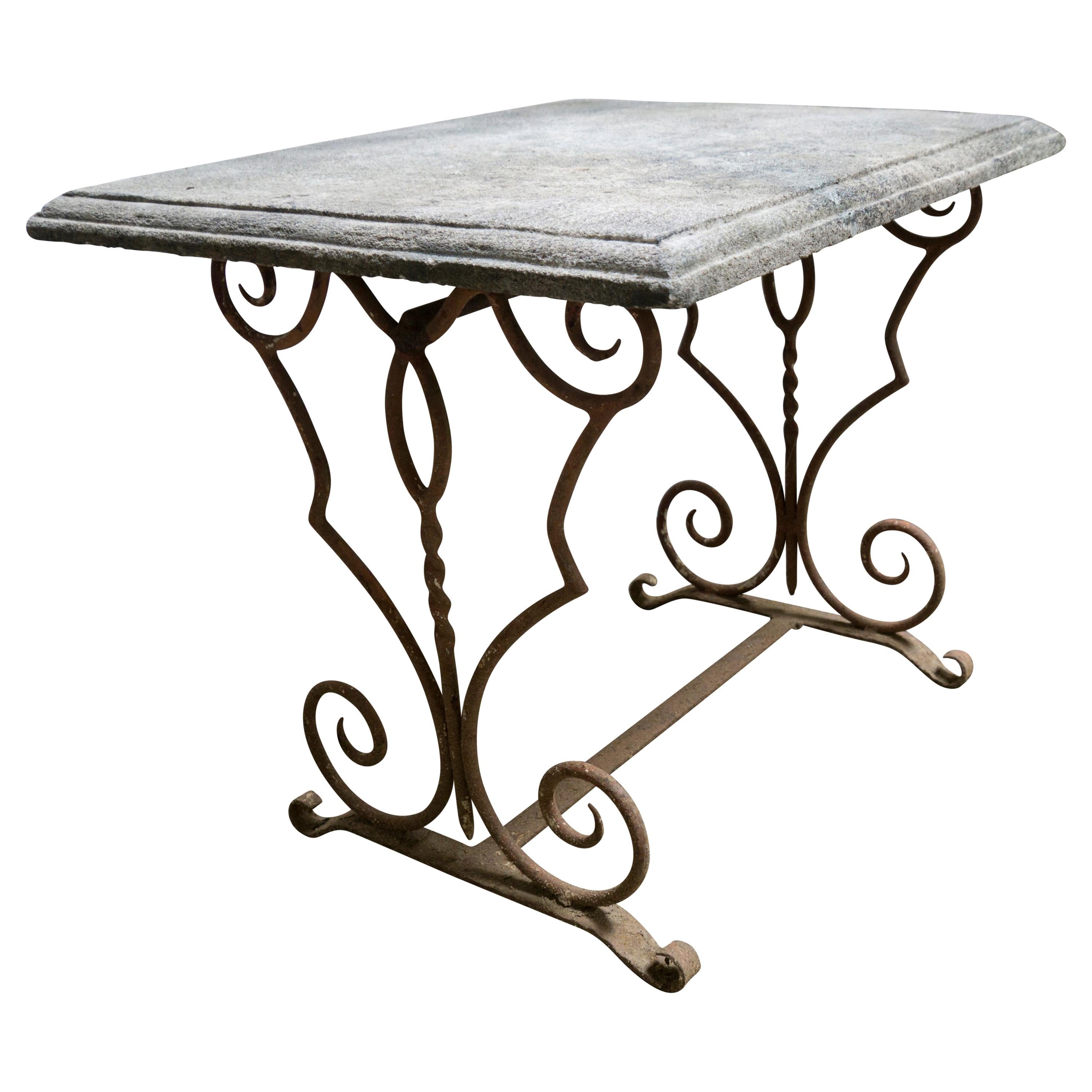 19th Century French Antique Limestone Table with Iron Base For Sale