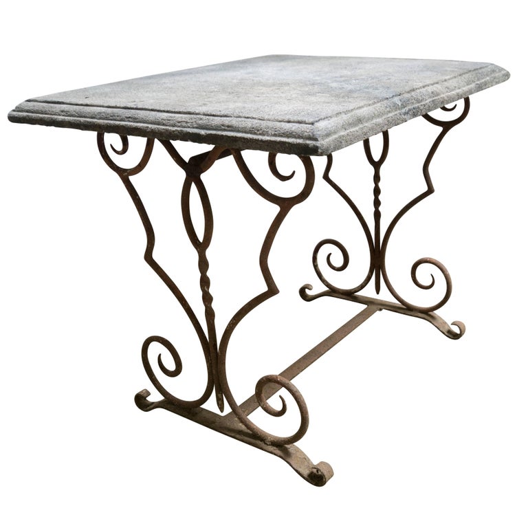 19th Century French Antique Limestone Table with Iron Base For Sale at