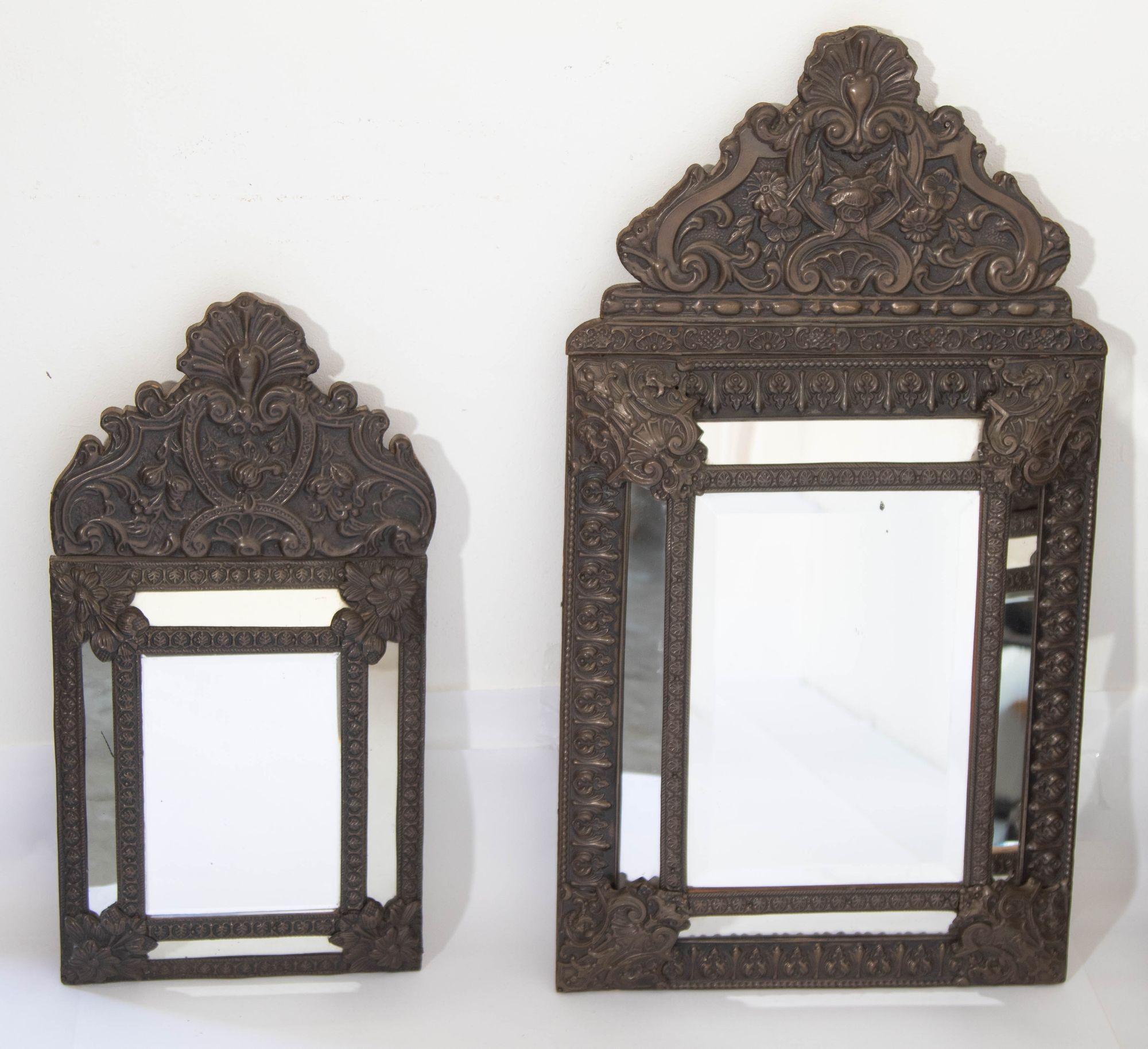 19th Century French Antique Napoleon III Repousse Metal Wall Mirrors Set of 3 For Sale 12