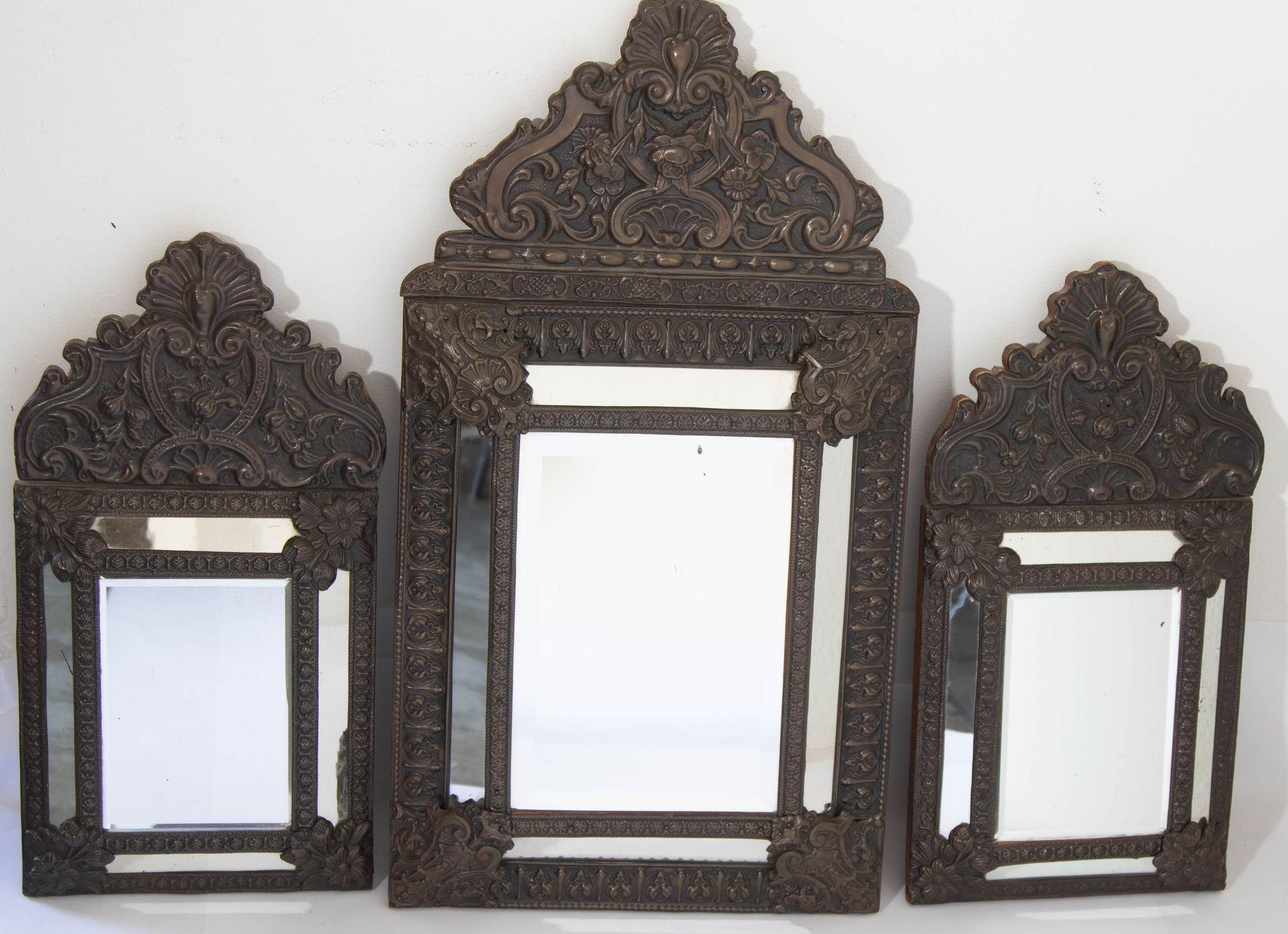 19th Century French Antique Napoleon III Repousse Metal Wall Mirrors Set of 3 For Sale 13