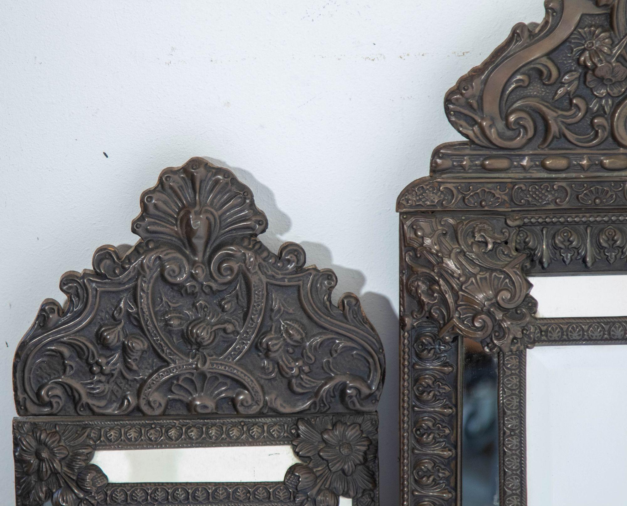 19th Century French Antique Napoleon III Repousse Metal Wall Mirrors Set of 3 For Sale 14