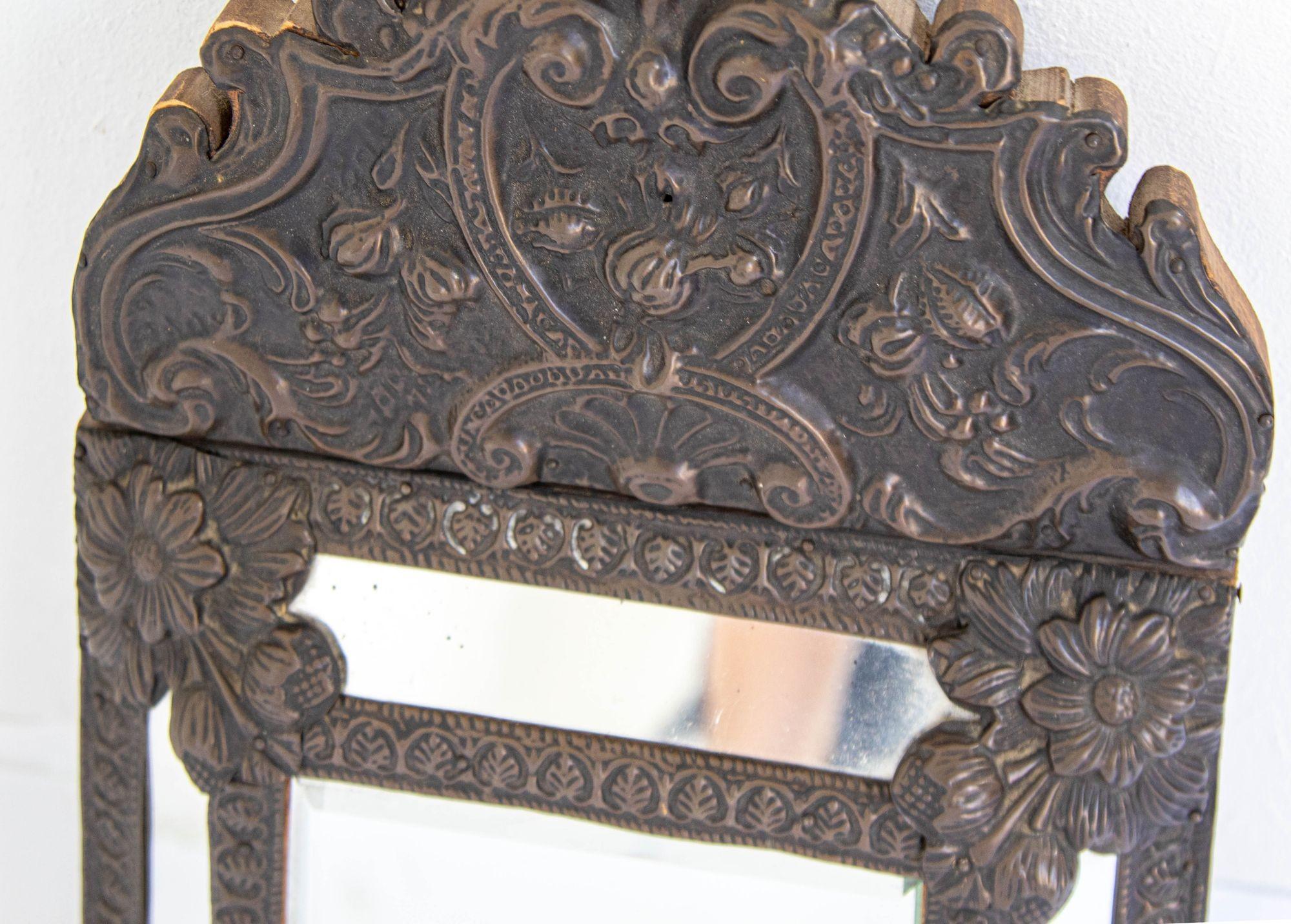 Baroque 19th Century French Antique Napoleon III Repousse Metal Wall Mirrors Set of 3 For Sale