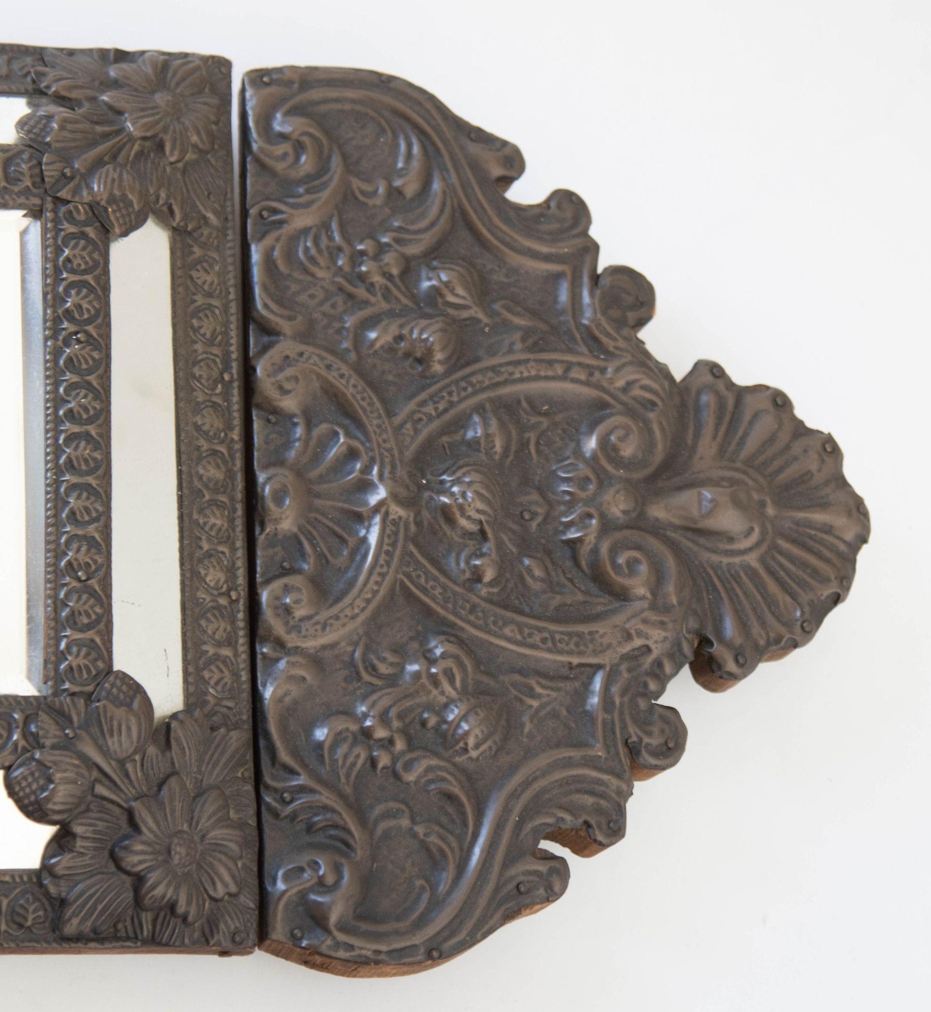 19th Century French Antique Napoleon III Repousse Metal Wall Mirrors Set of 3 For Sale 2