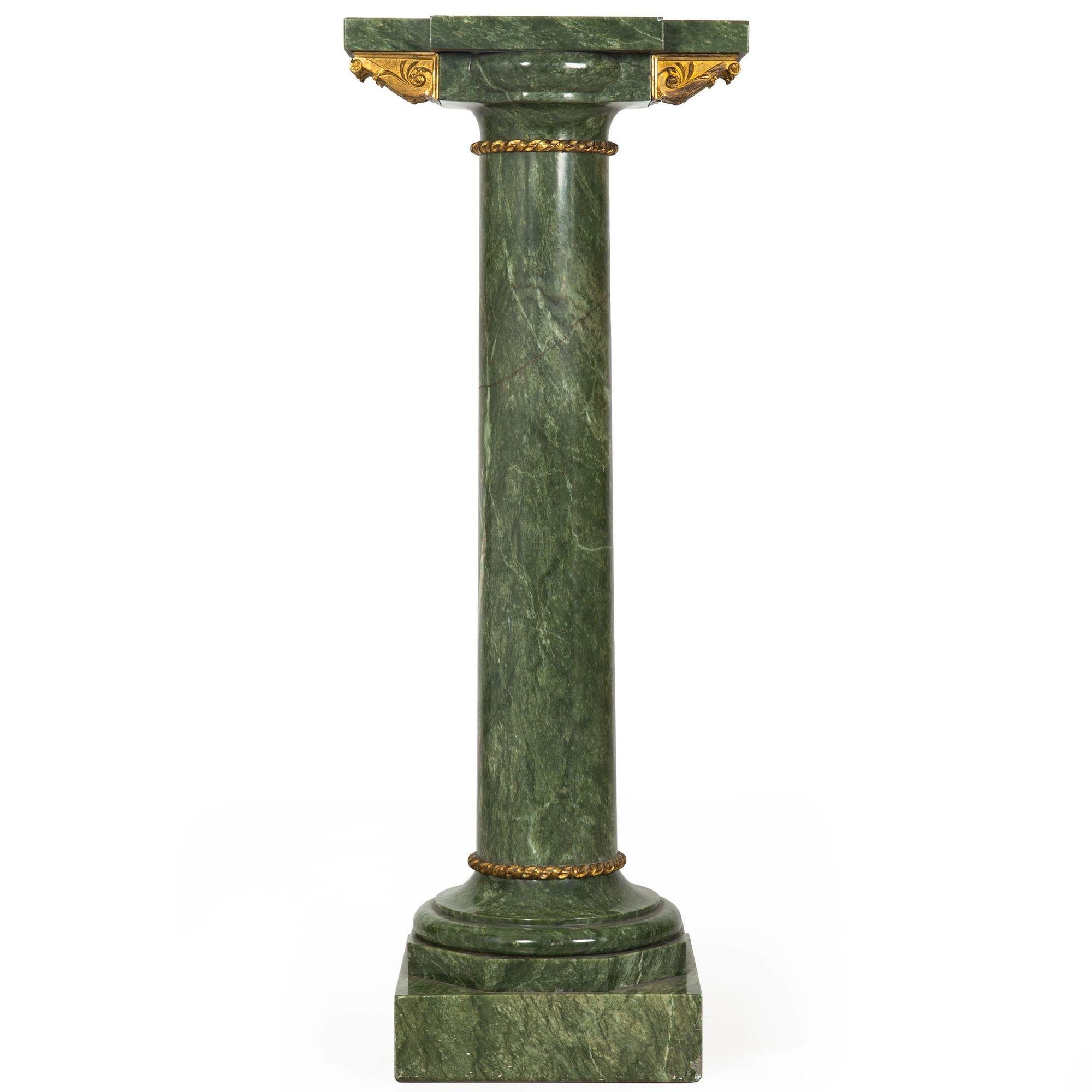 Gilt 19th Century French Antique Neoclassical Green Marble Pedestal Column For Sale