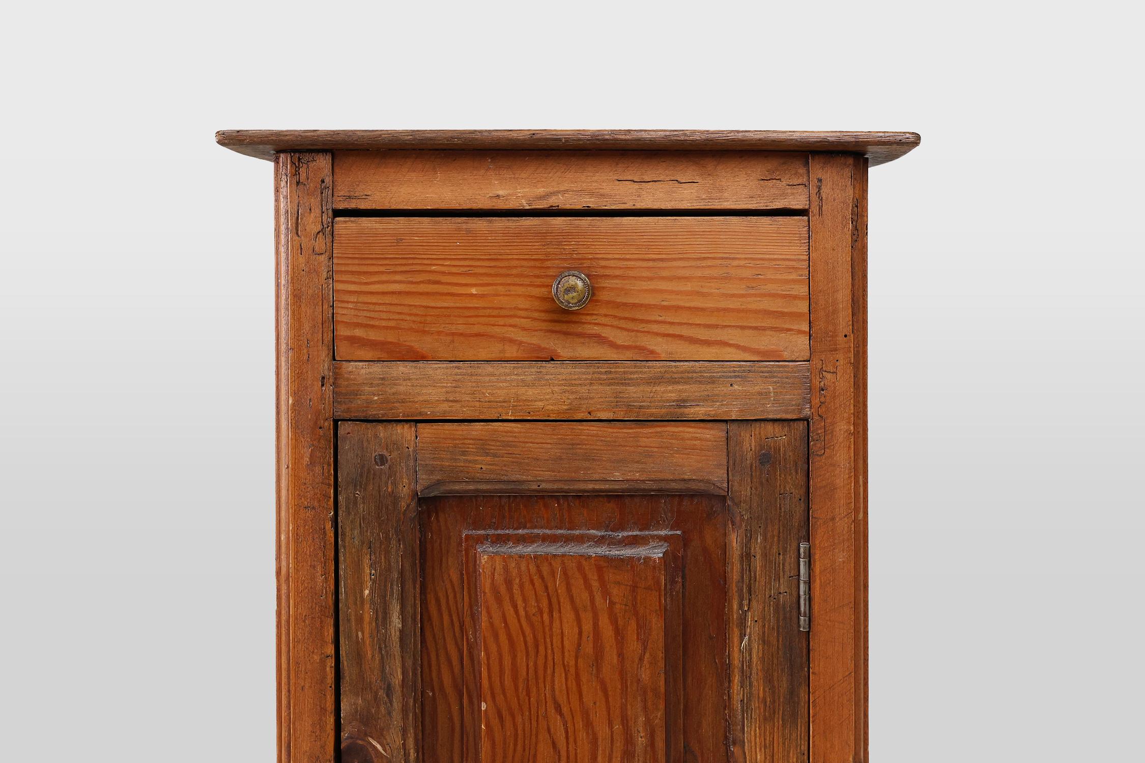 Rustic 19th Century French antique nightstand in solid pine wood For Sale