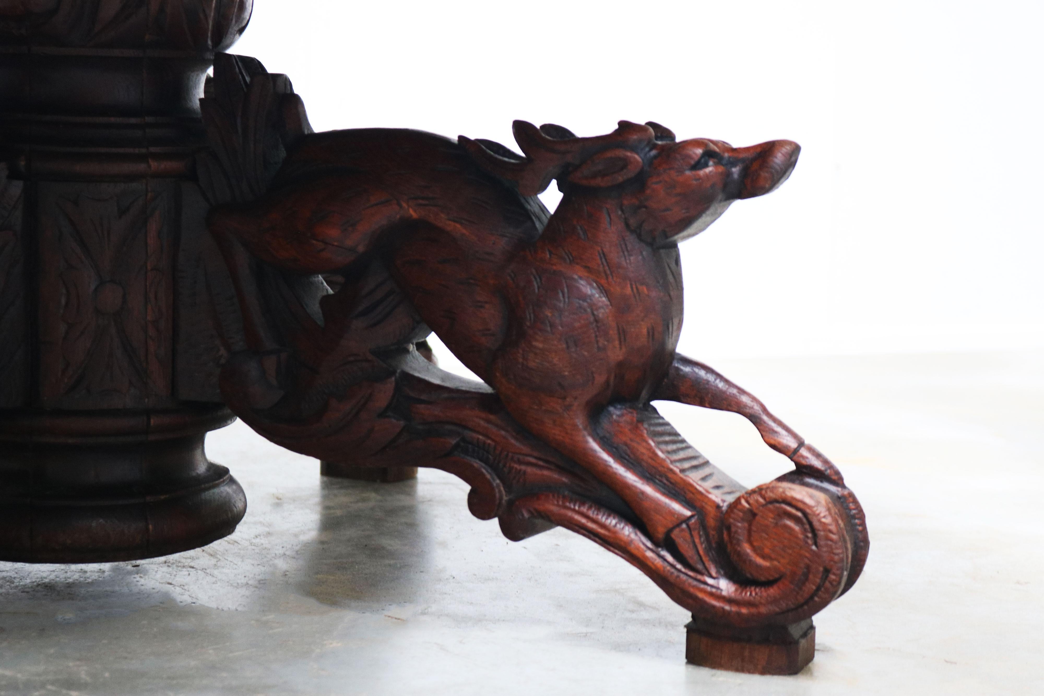 Renaissance Revival 19th Century French Antique Oak Coffee table hunt Black Forest Animal Lodge For Sale