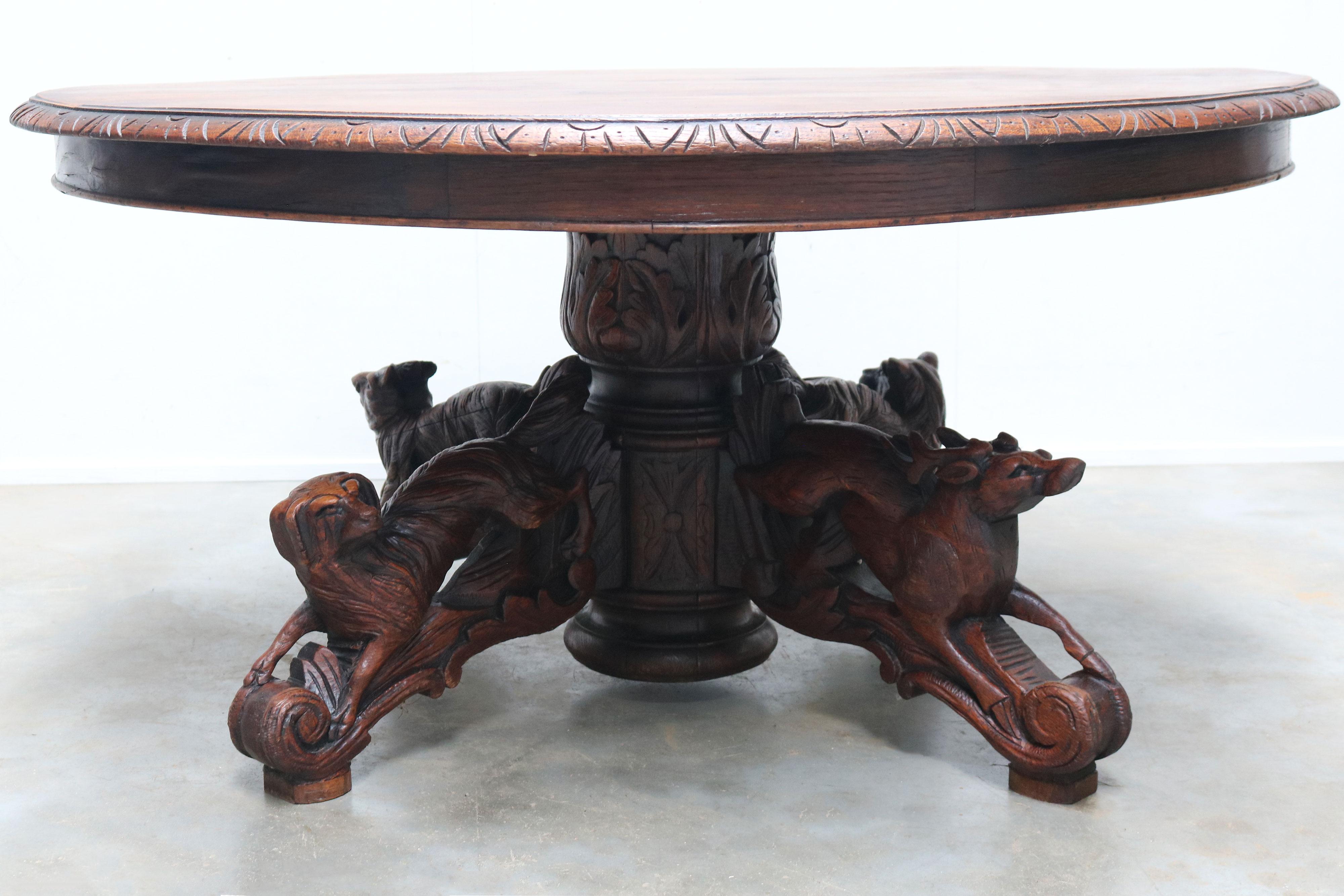 19th Century French Antique Oak Coffee table hunt Black Forest Animal Lodge For Sale 1
