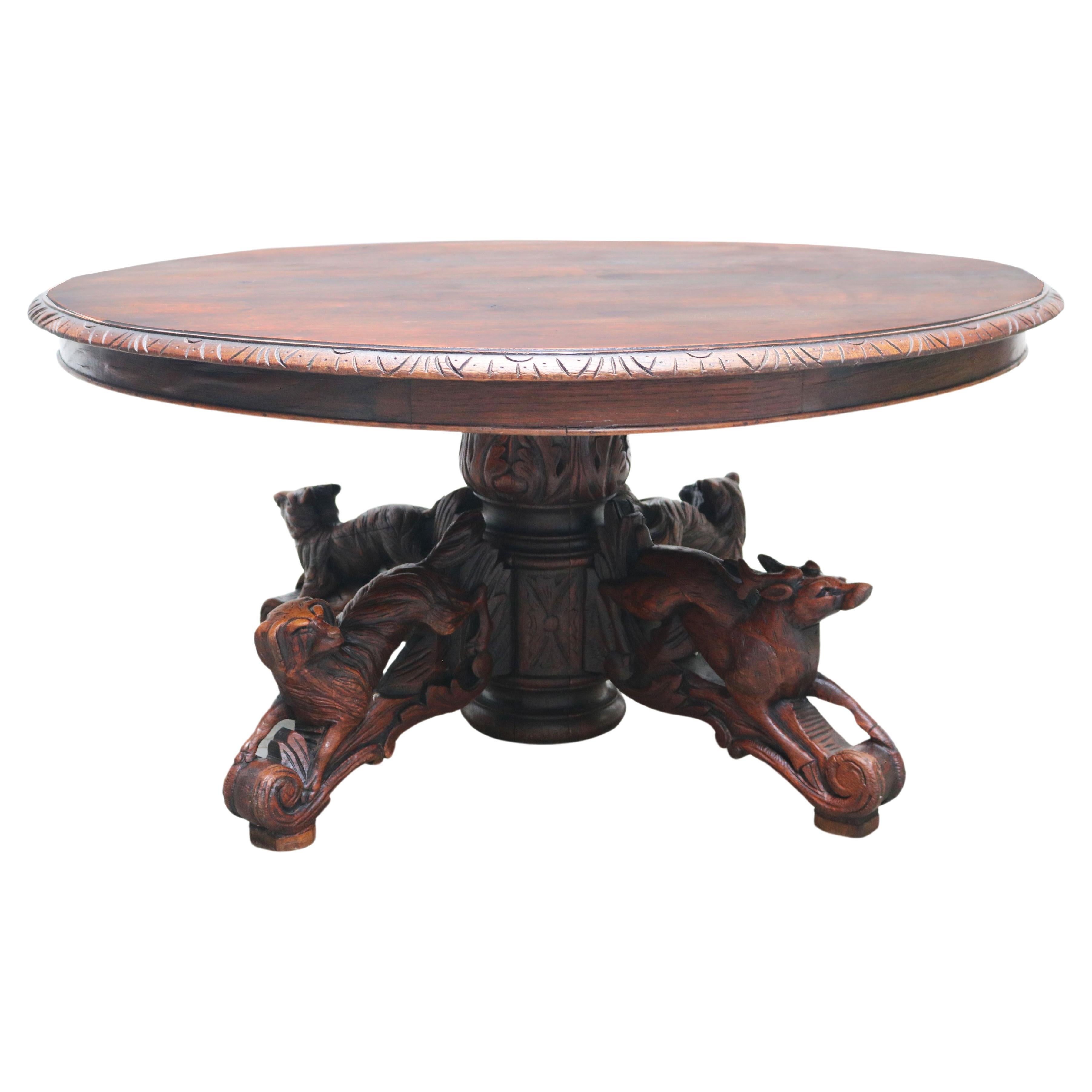 19th Century French Antique Oak Coffee table hunt Black Forest Animal Lodge