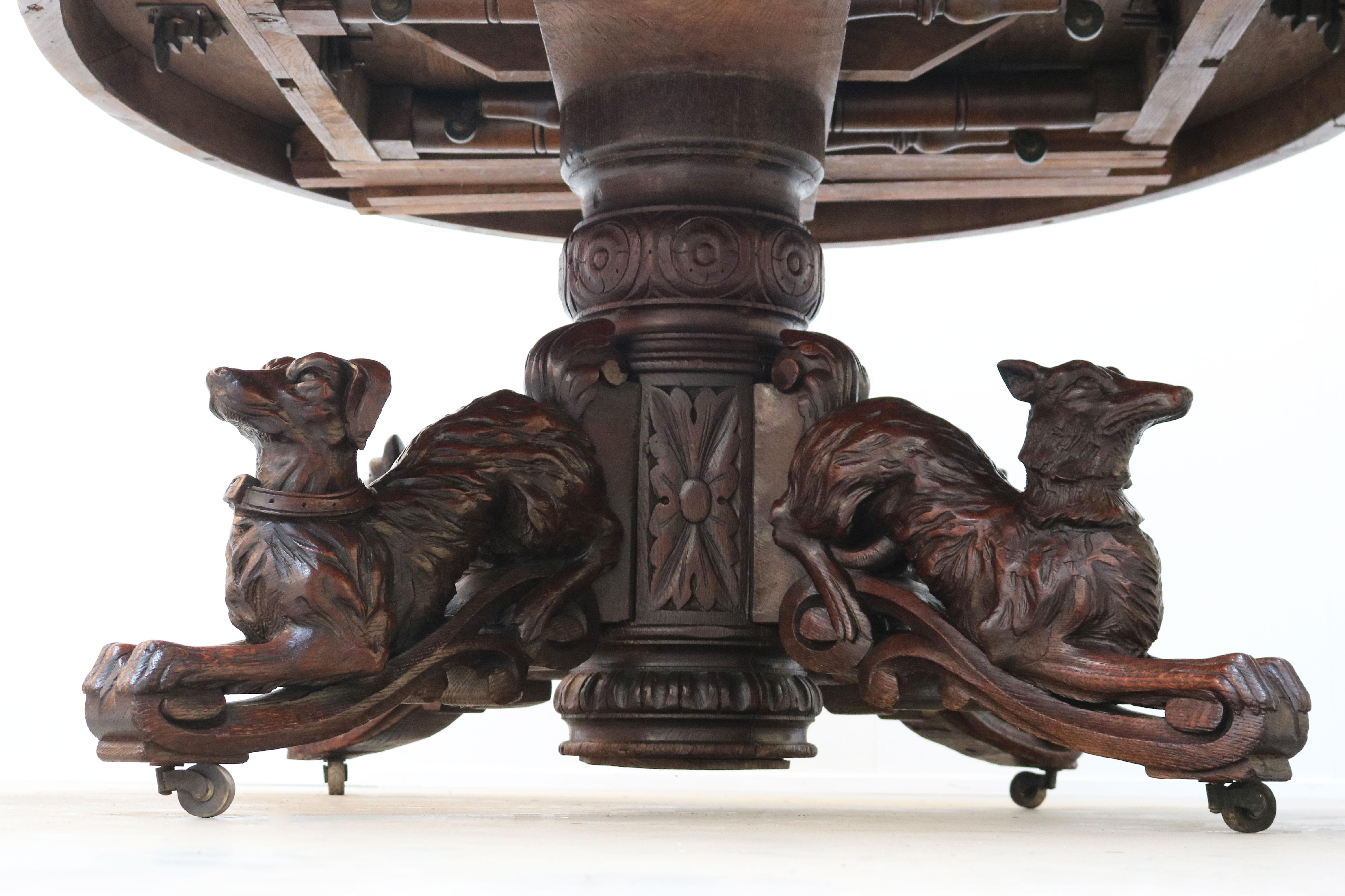 19th Century French Antique Oak Oval Dining Hunt Table Black Forest Animal Lodge 7