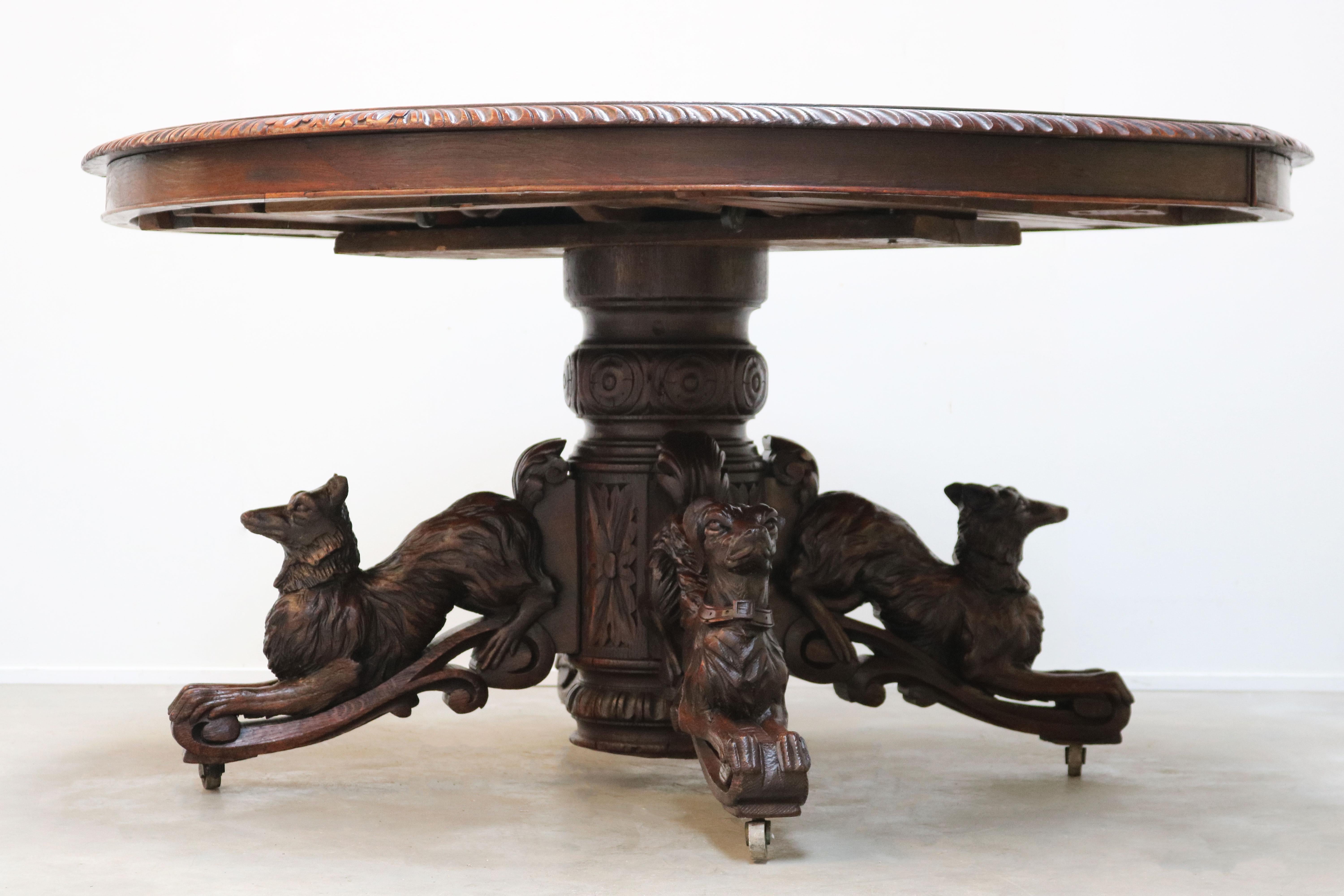 19th Century French Antique Oak Oval Dining Hunt Table Black Forest Animal Lodge 11