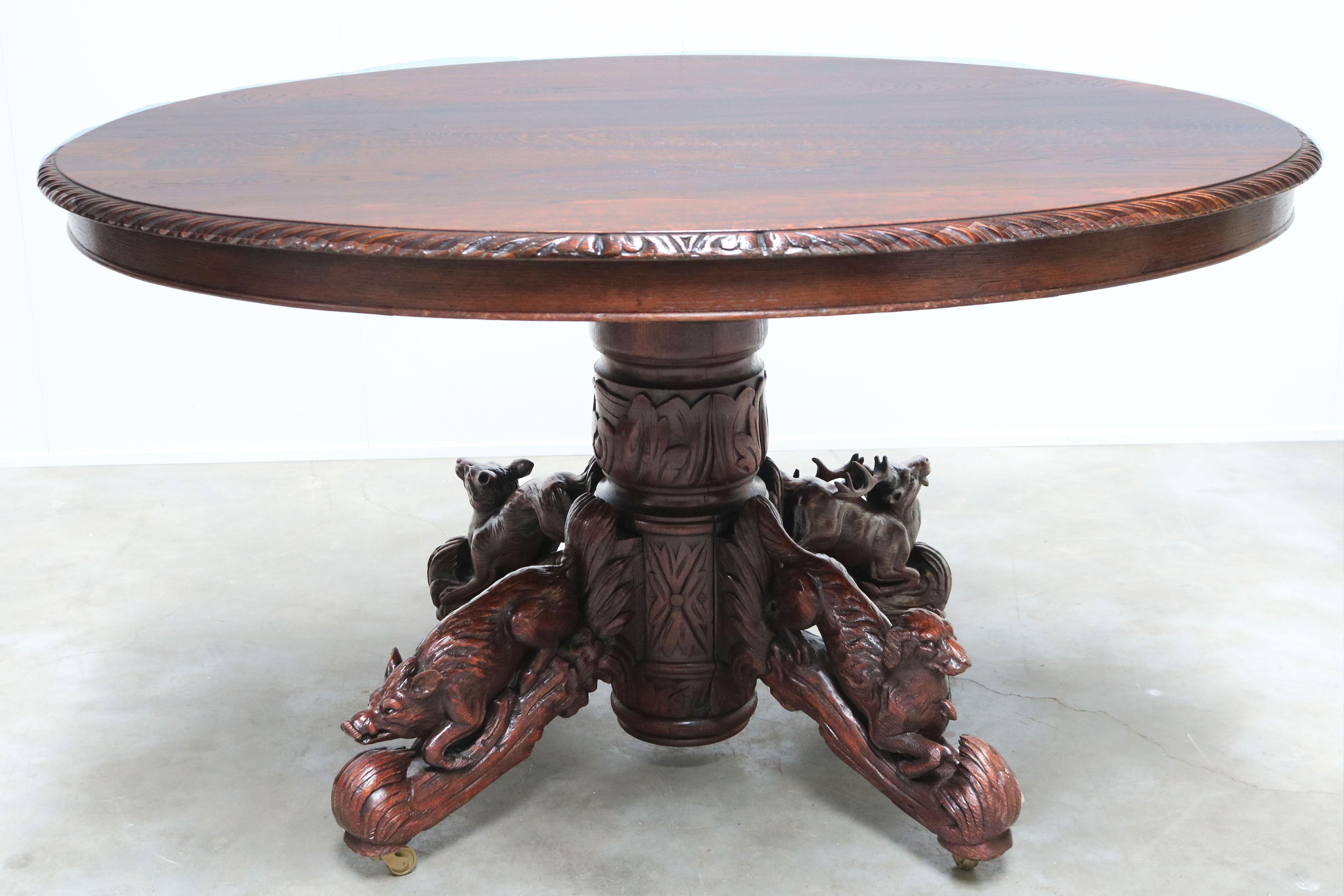 19th Century French Antique Oak Oval Dining Hunt Table Black Forest Animal Lodge 9