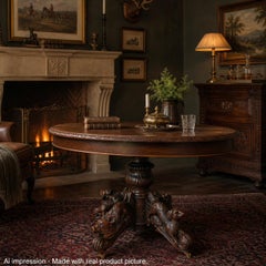 19th Century French Antique Oak Oval Dining Hunt Table Black Forest Animal Lodge