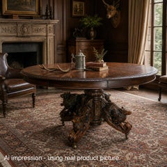 19th Century French Antique Oak Oval Dining Hunt Table Black Forest Animal Lodge