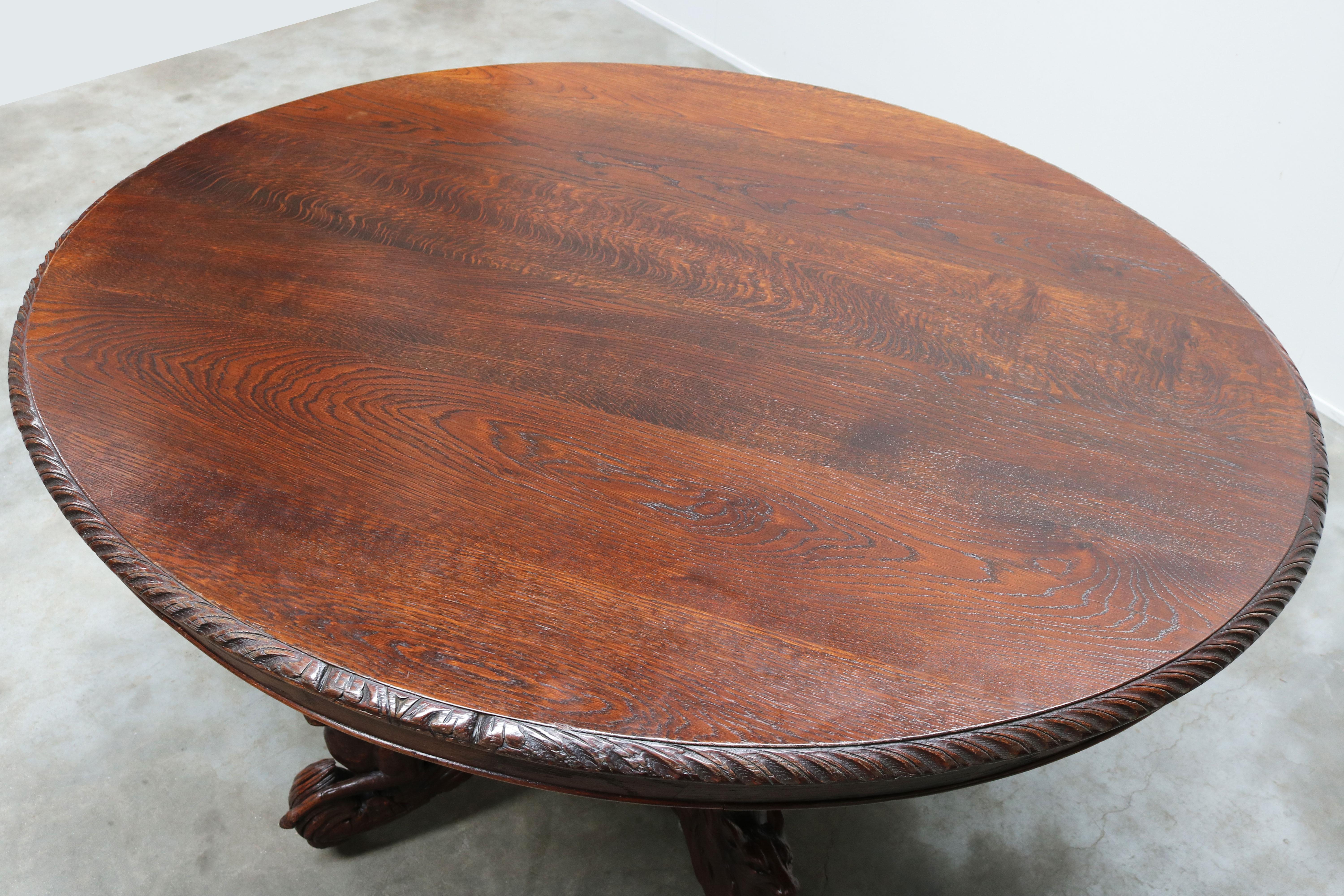 Mid-19th Century 19th Century French Antique Oak Oval Dining Hunt Table Black Forest Animal Lodge
