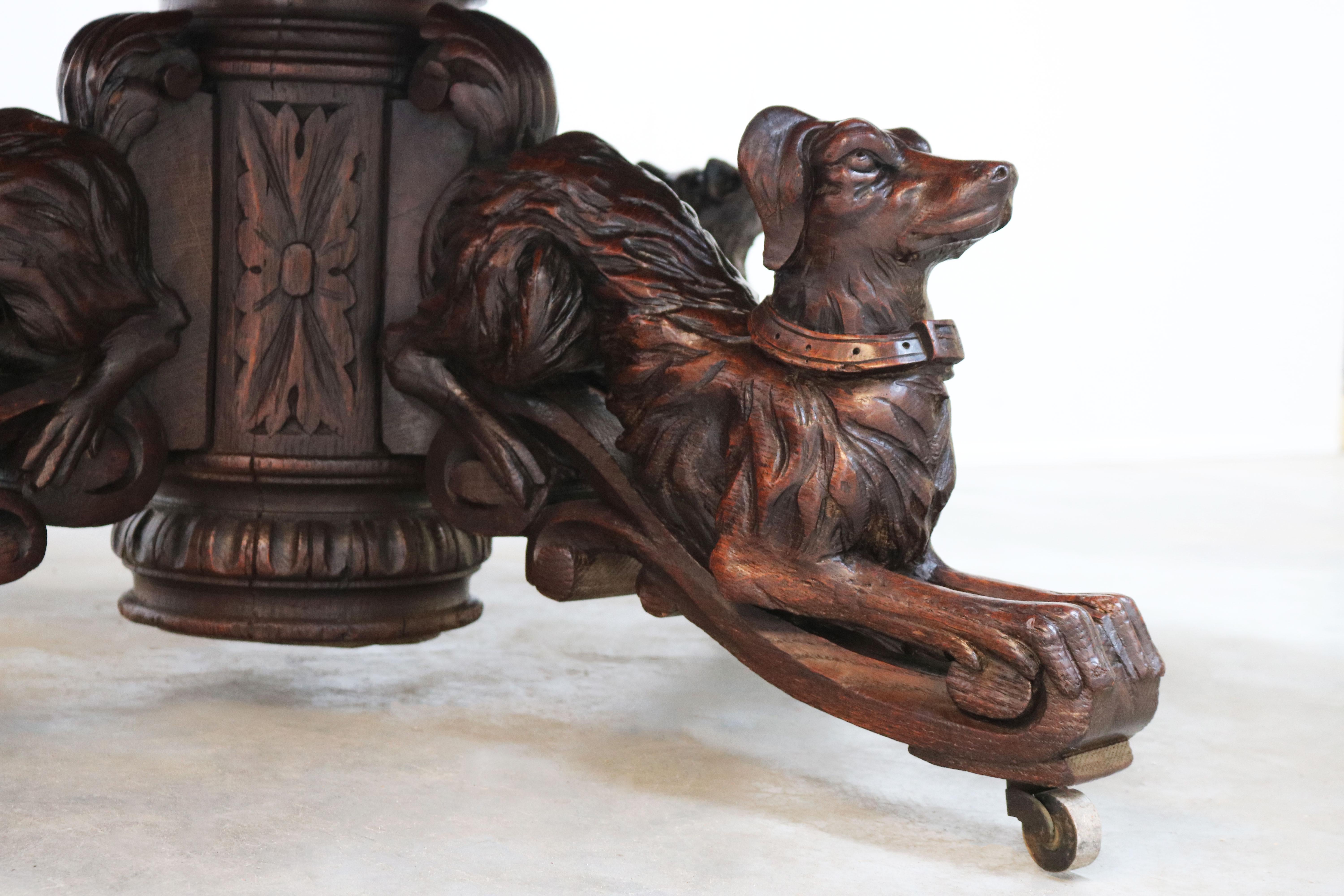 19th Century French Antique Oak Oval Dining Hunt Table Black Forest Animal Lodge 3