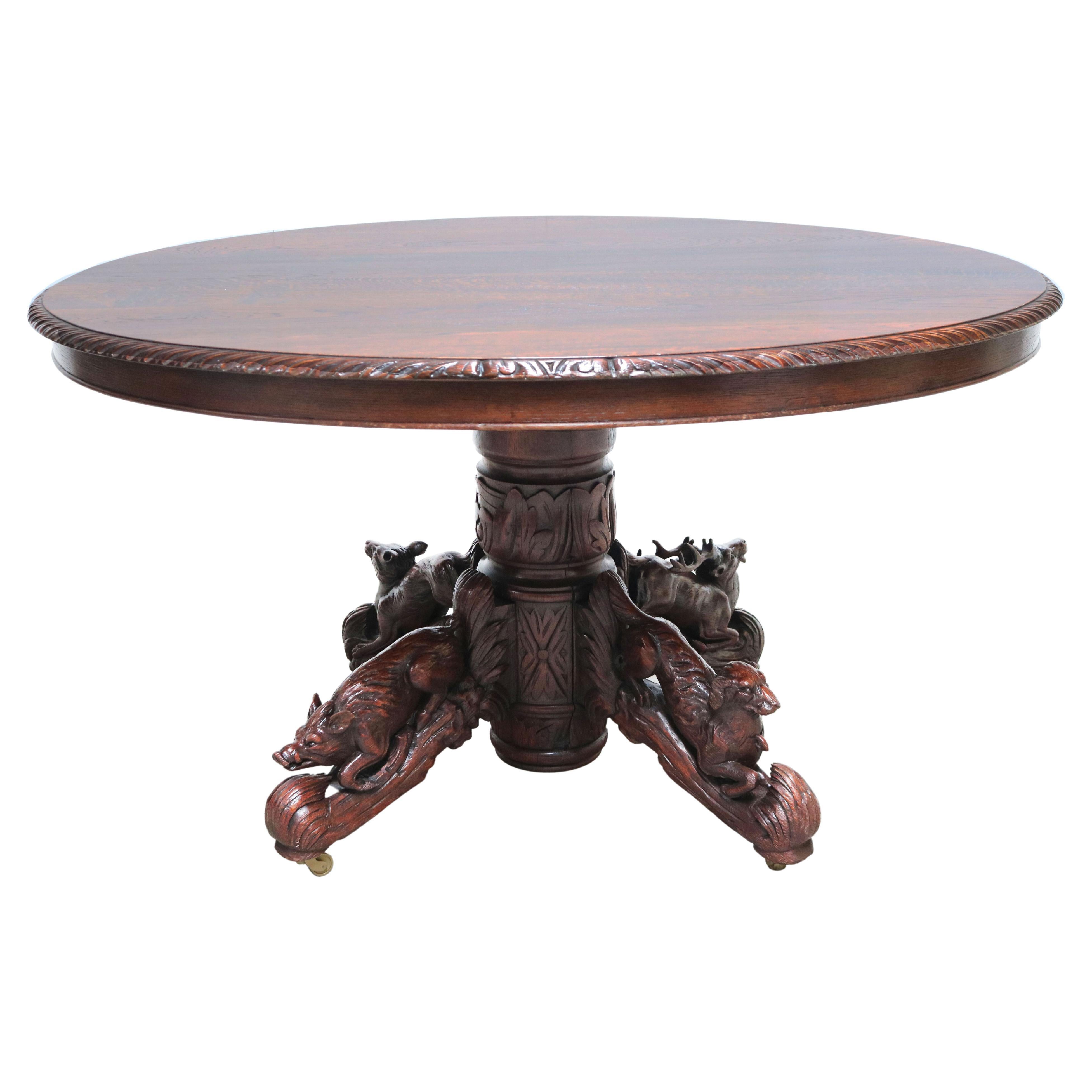19th Century French Antique Oak Oval Dining Hunt Table Black Forest Animal Lodge