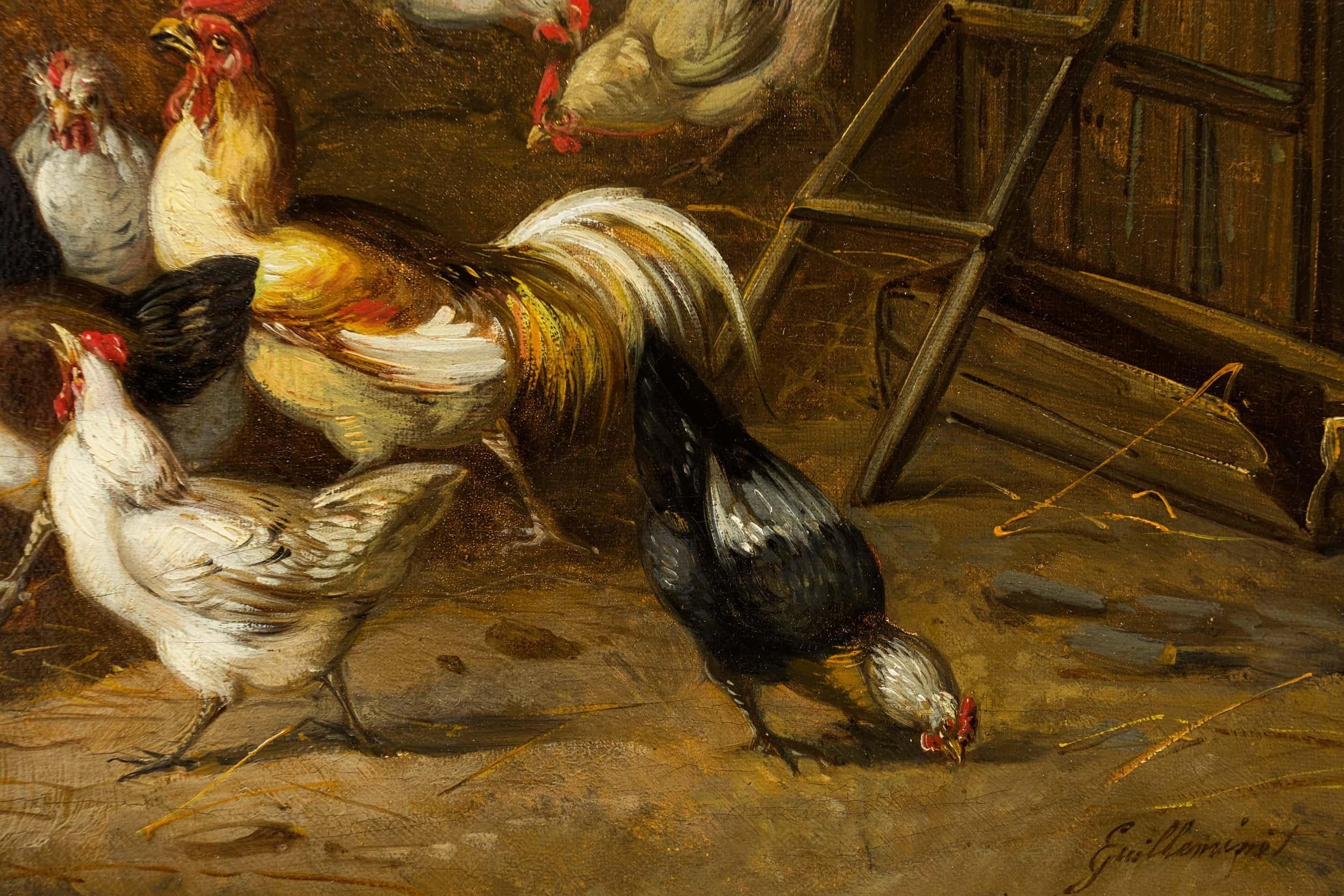 19th Century French Antique Painting of Poultry in Farmyard by Claude Guillemine 5