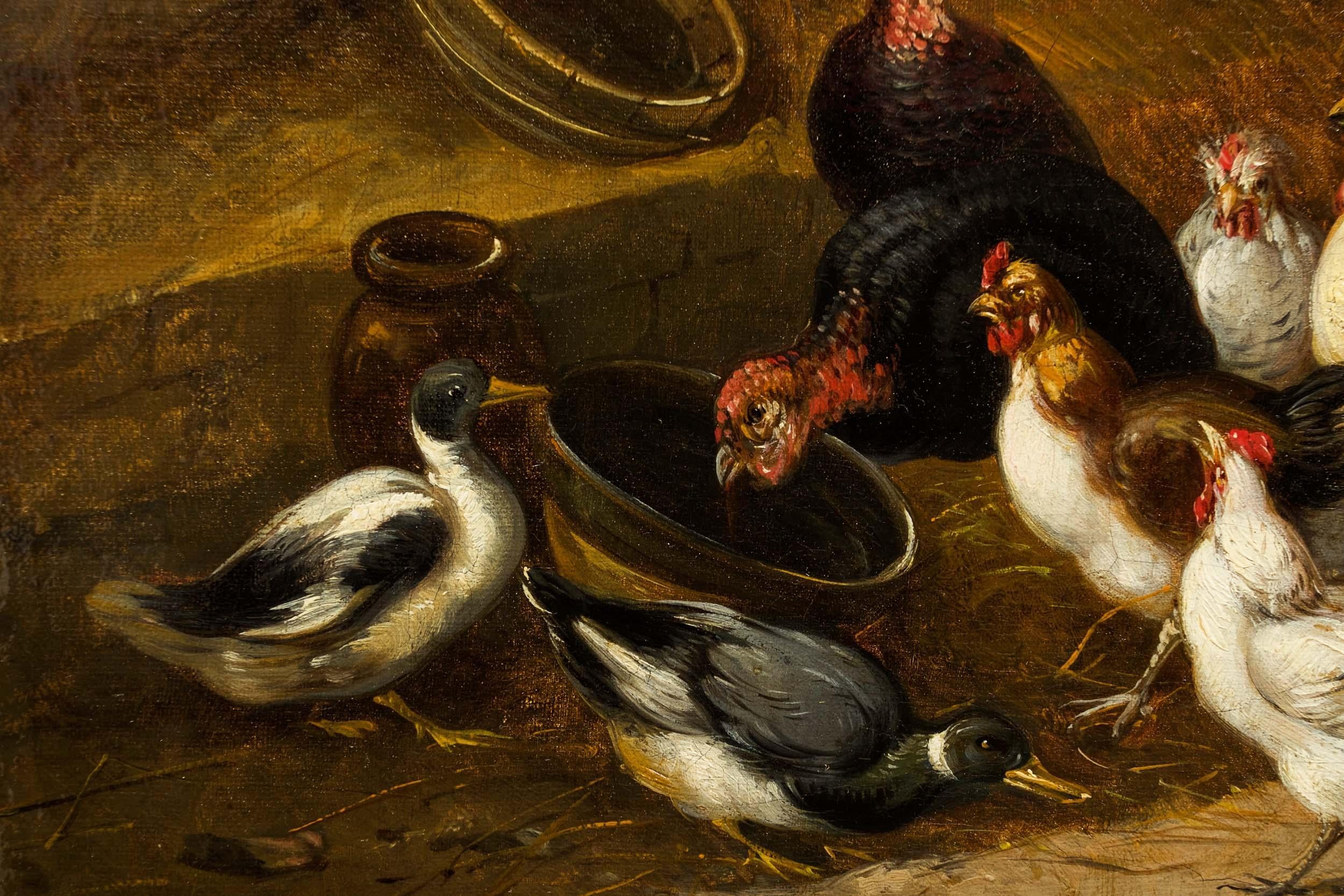 19th Century French Antique Painting of Poultry in Farmyard by Claude Guillemine 8