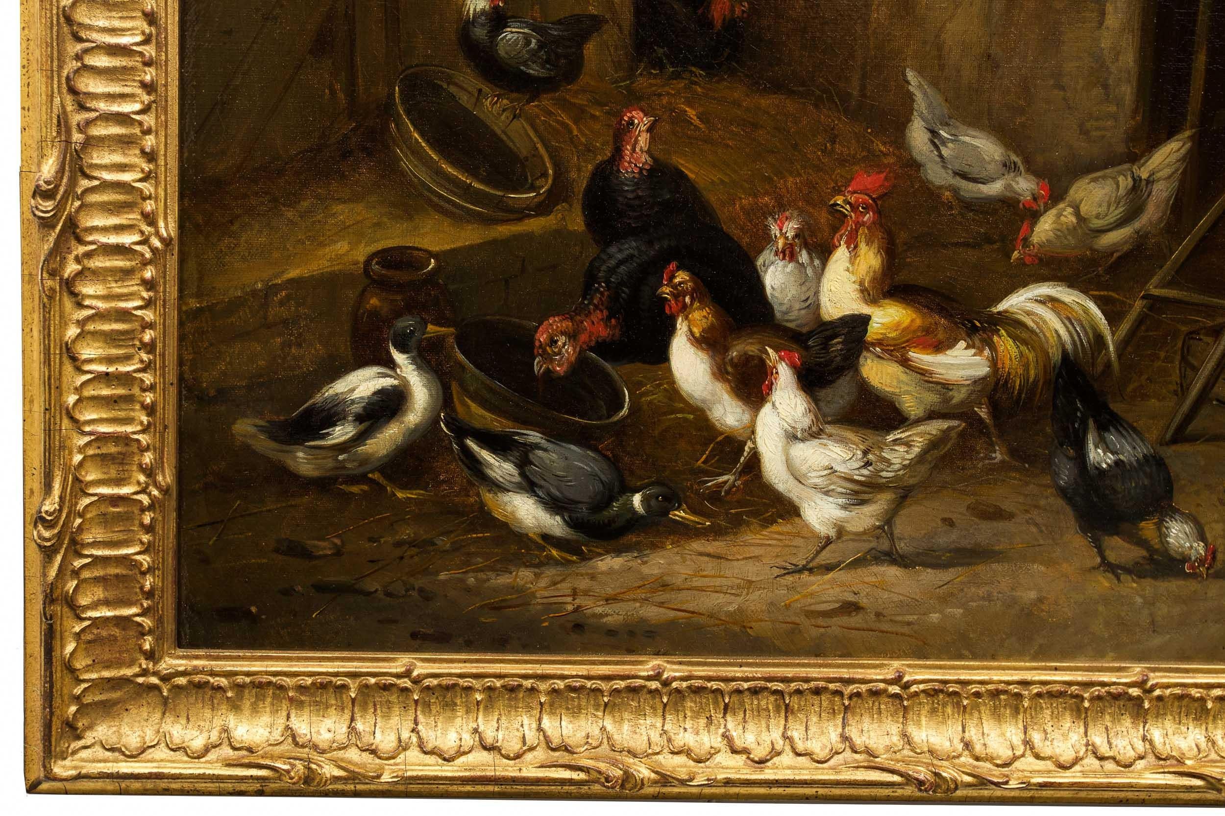 19th Century French Antique Painting of Poultry in Farmyard by Claude Guillemine 13