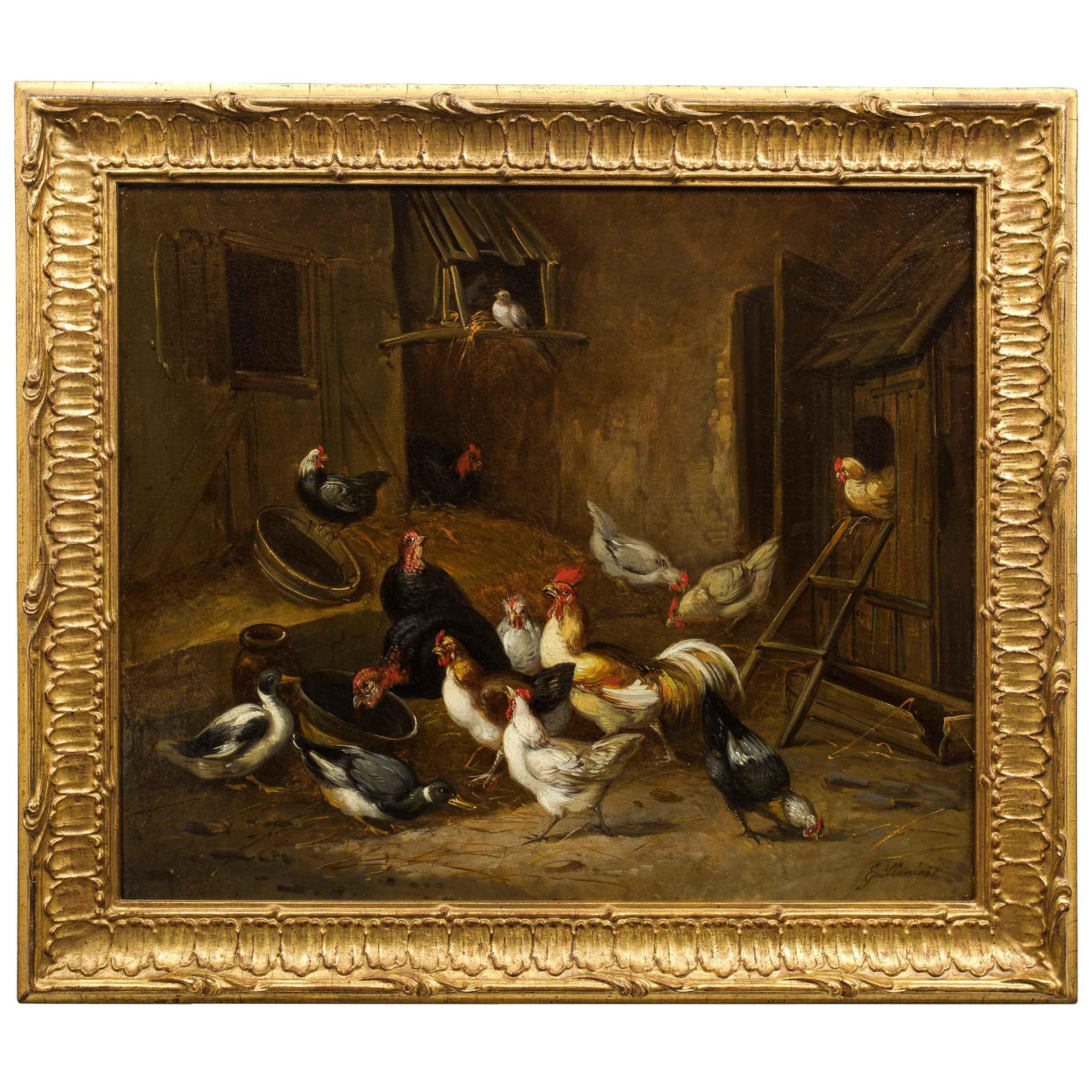 A wonderful rural scene by animal specialist Claude Guilleminet, the scene features a busy barnyard with hens, roosters, ducks and turkeys crowding around water and feed basins and searching throughout the scattered hay for bugs while a pigeon