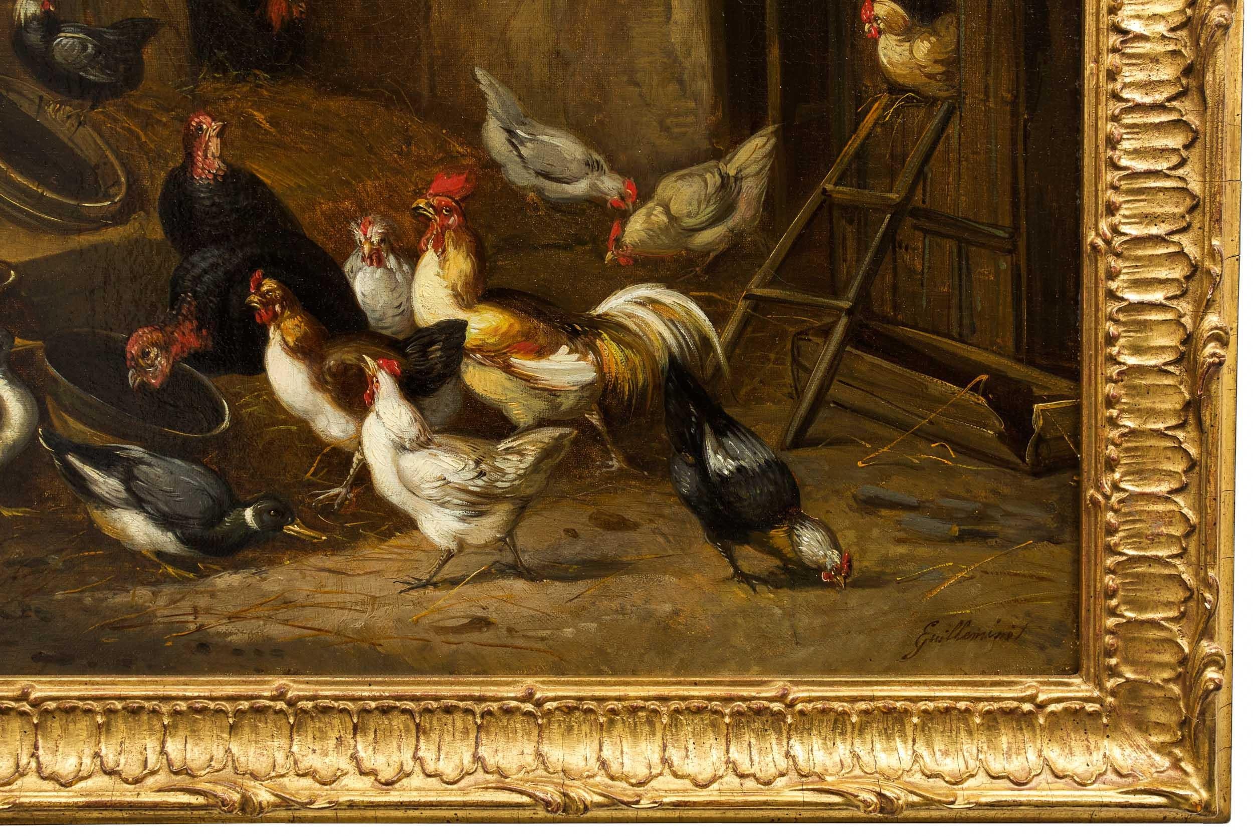 19th Century French Antique Painting of Poultry in Farmyard by Claude Guillemine 14