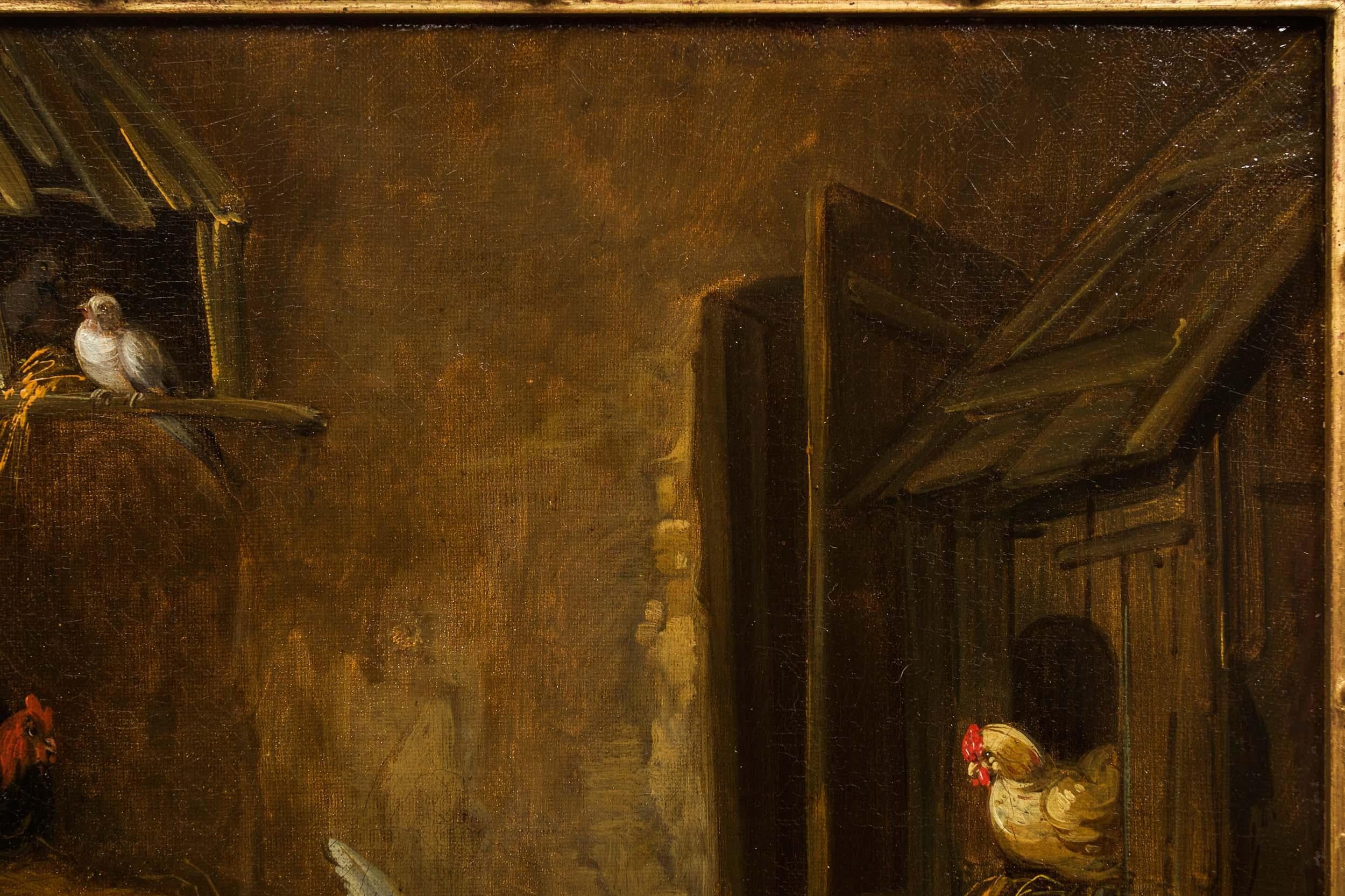 Hand-Painted 19th Century French Antique Painting of Poultry in Farmyard by Claude Guillemine