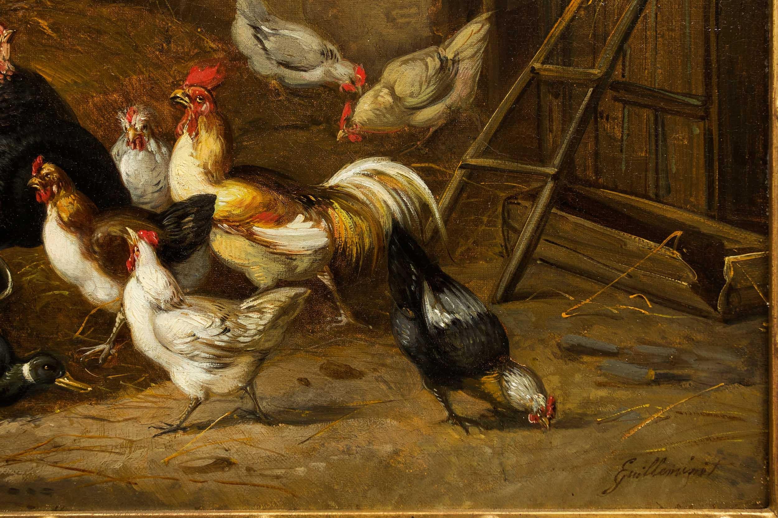 19th Century French Antique Painting of Poultry in Farmyard by Claude Guillemine In Good Condition In Shippensburg, PA