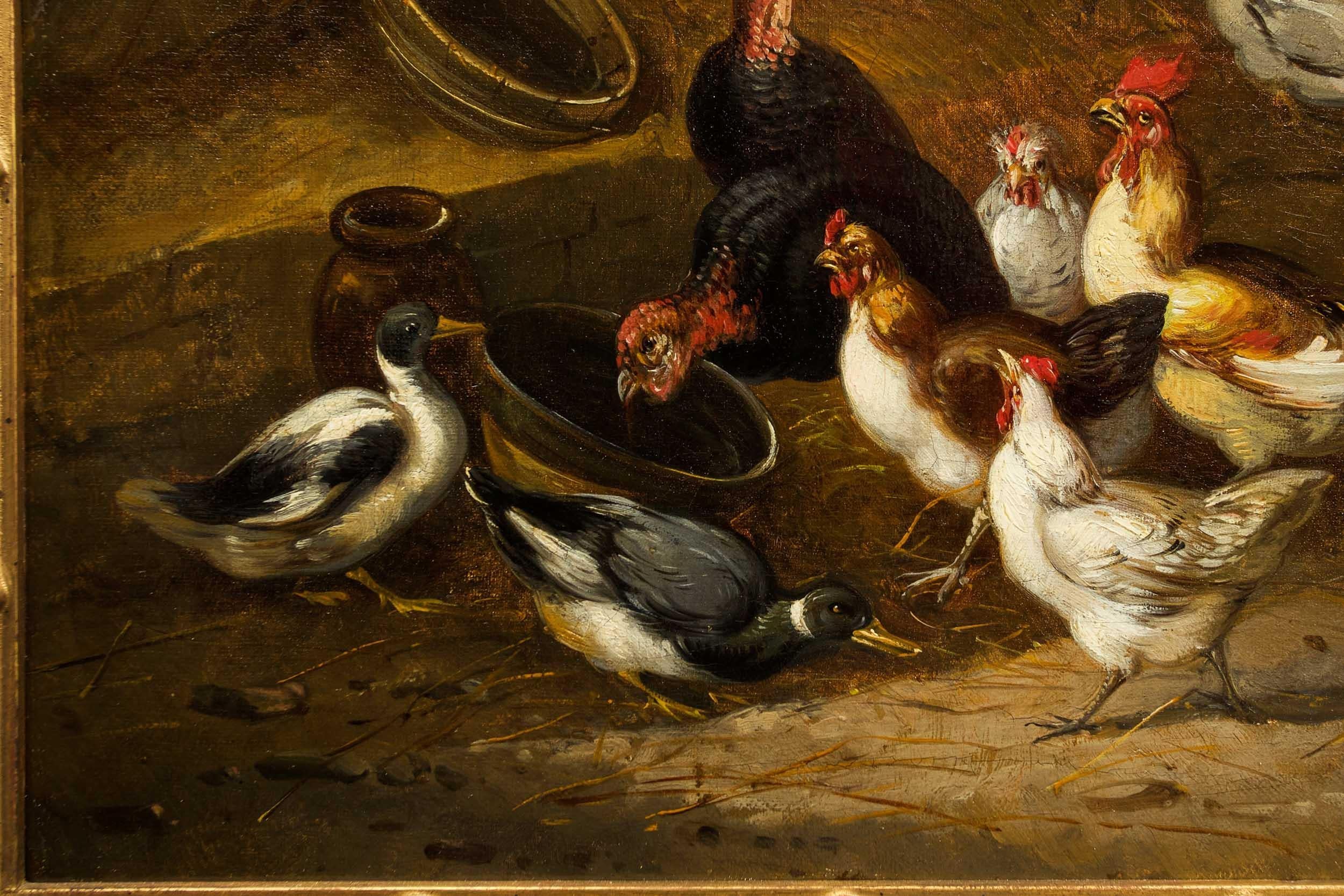 Giltwood 19th Century French Antique Painting of Poultry in Farmyard by Claude Guillemine
