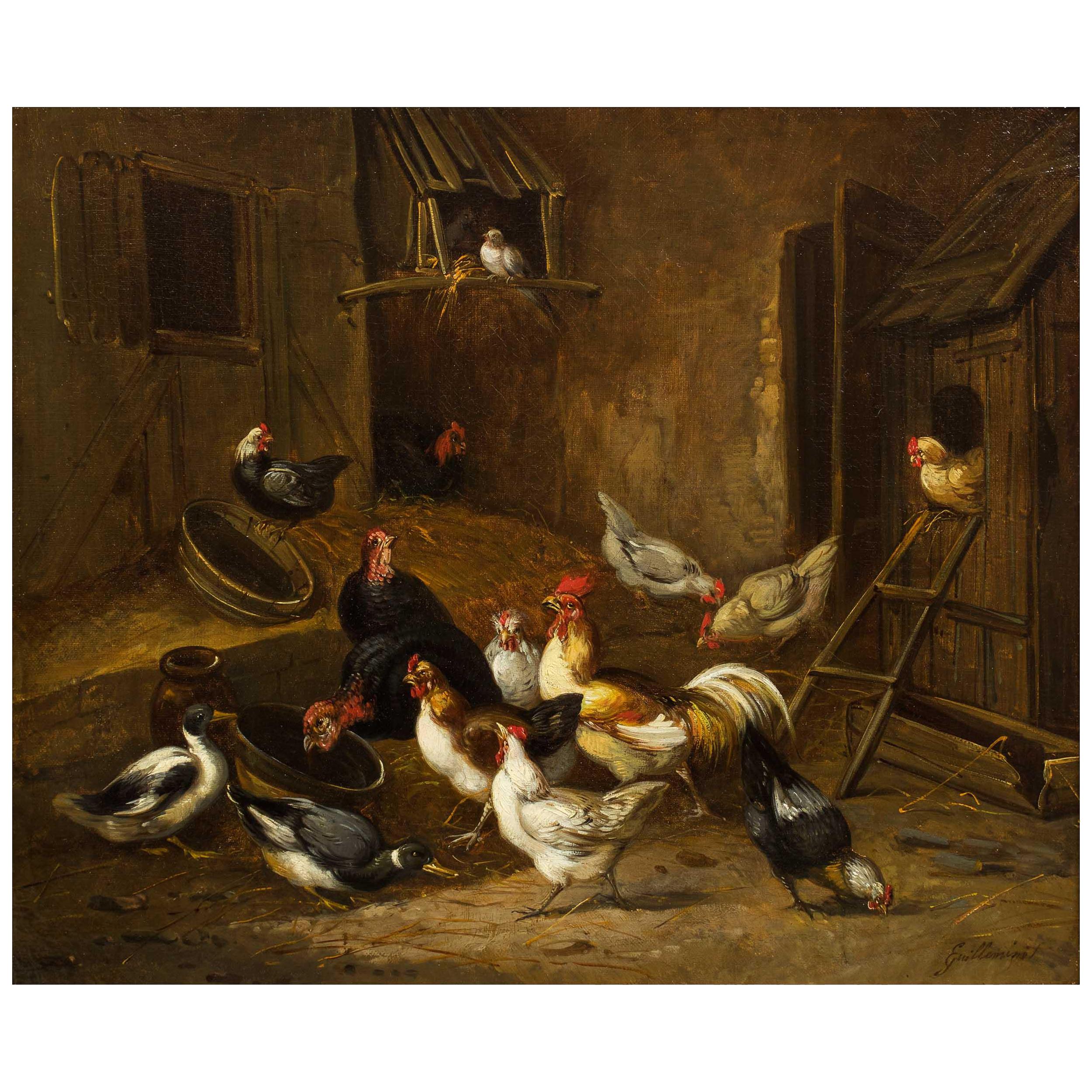 19th Century French Antique Painting of Poultry in Farmyard by Claude Guillemine