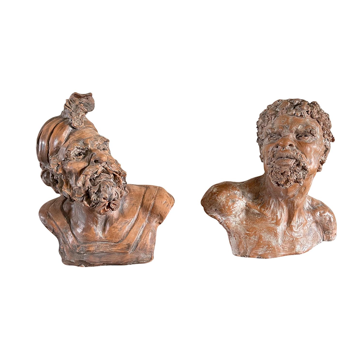 A 19th Century set of orientalist busts vividly hand crafted in terra cotta clay, in good condition. These detailed antique French busts are executed in the manner of Charles Henri Joseph Cordier (1827-1905). Wear consistent with age and