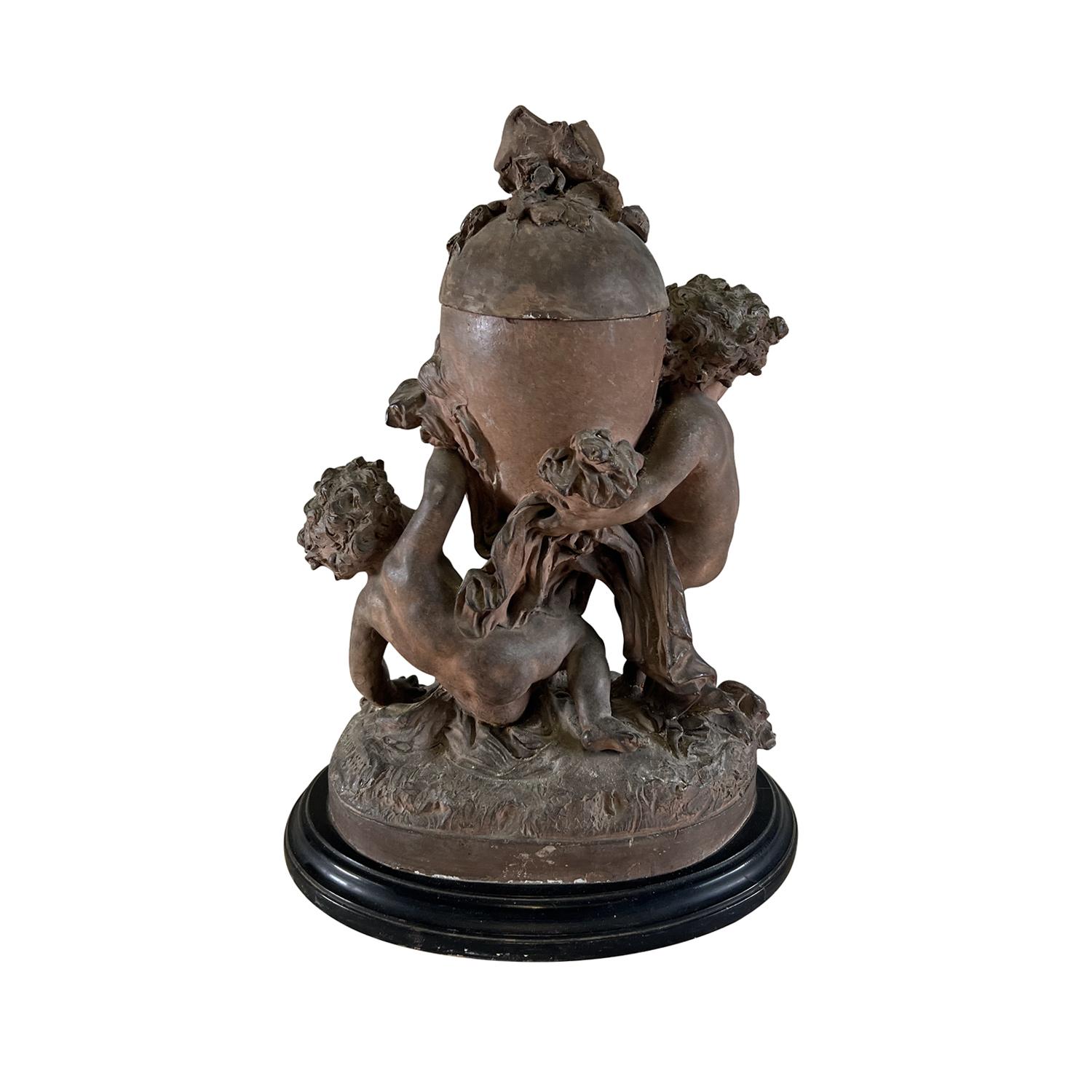Hand-Crafted 19th Century French Antique Terra Cotta Cherub Figurine Statuette Objet d’Art  For Sale
