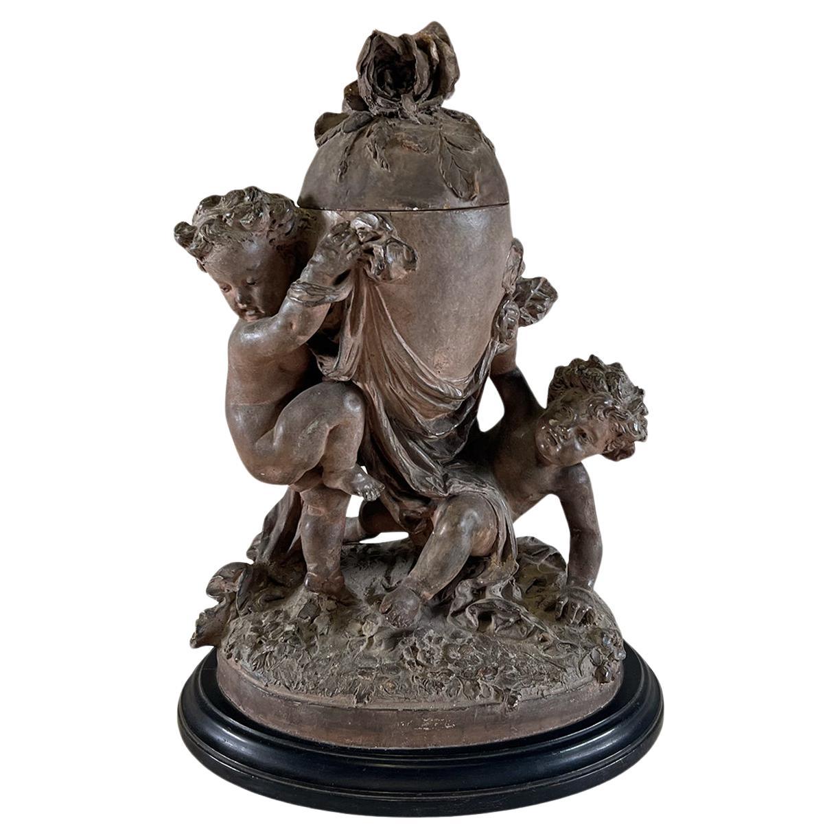 19th Century French Antique Terra Cotta Cherub Figurine Statuette Objet d’Art  For Sale