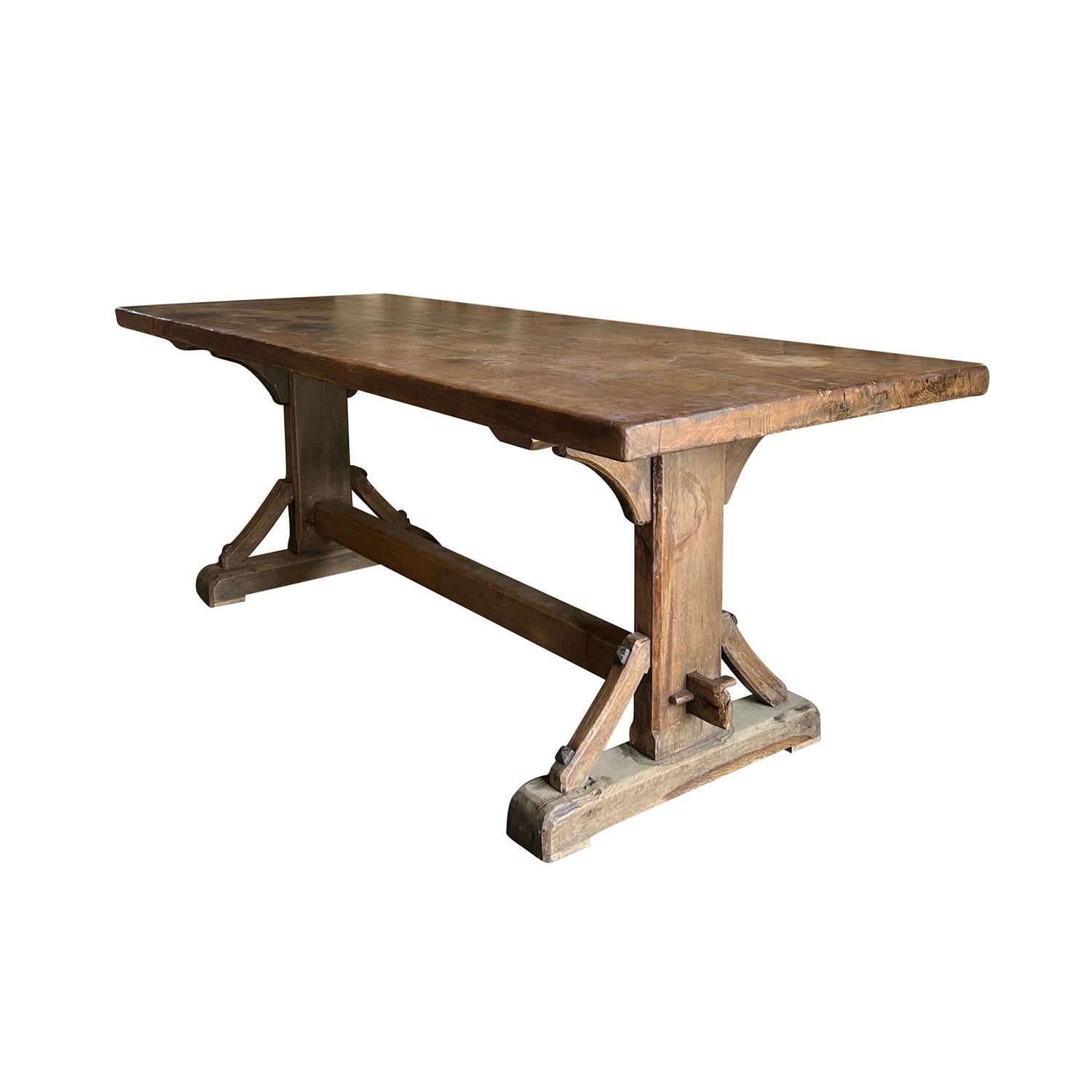 Hand-Carved 19th Century French Antique Walnut Trestle Table