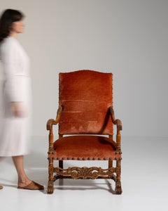19th Century French Armchair, Brown Wood Frame with Fabric Upholstery