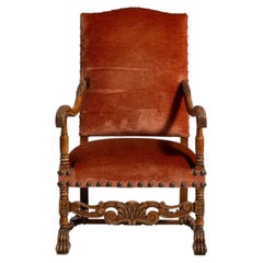 19th Century French Armchair, Brown Wood Frame with Fabric Upholstery