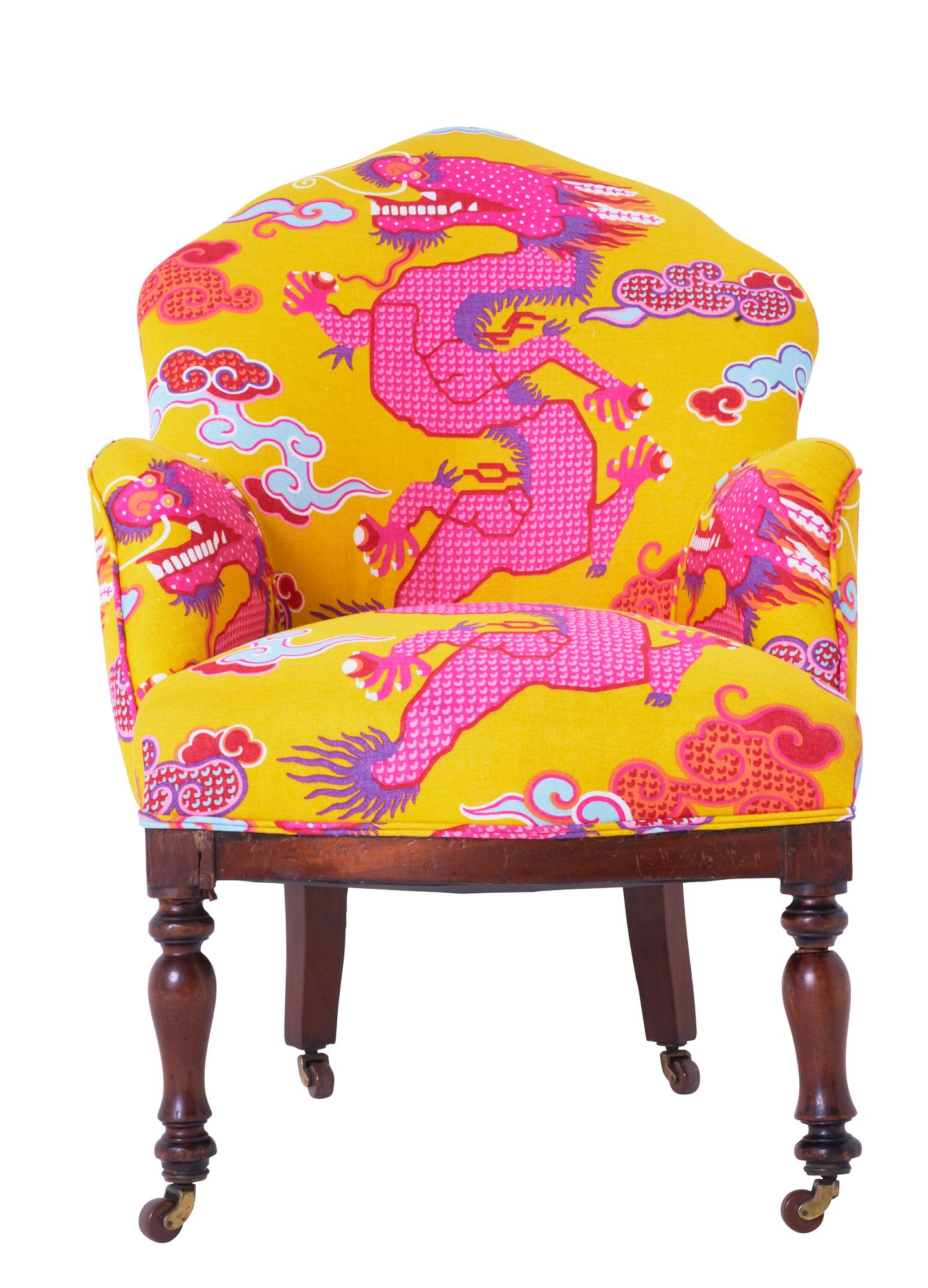 This armchair is upholstered in Johnson Hartig/Libertine for Schumacher Magical Ming Dragon fabric in yellow (178591).