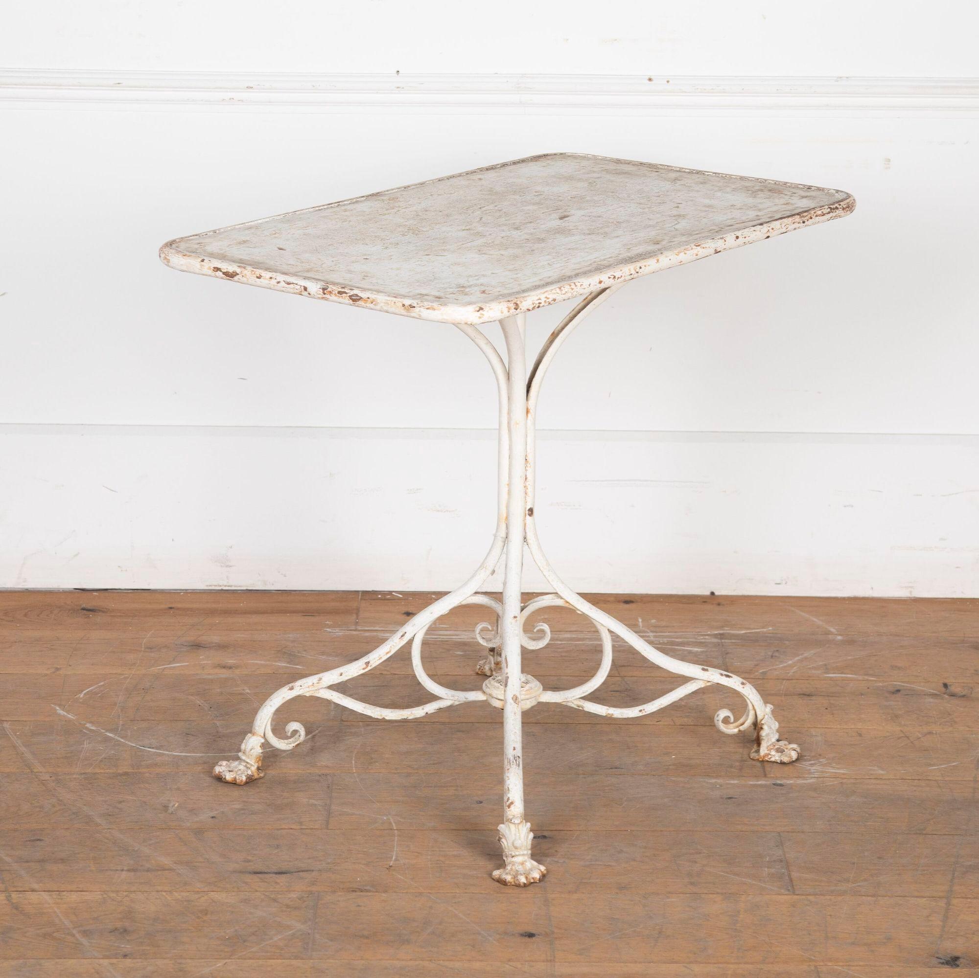 Wonderful 19th Century French Arras garden table.
This fantastic example features a very decoratively scrolled wrought iron pedestal with large paw feet and an Arras stamp. The northern town of Arras was famous for its iron foundries, which produced
