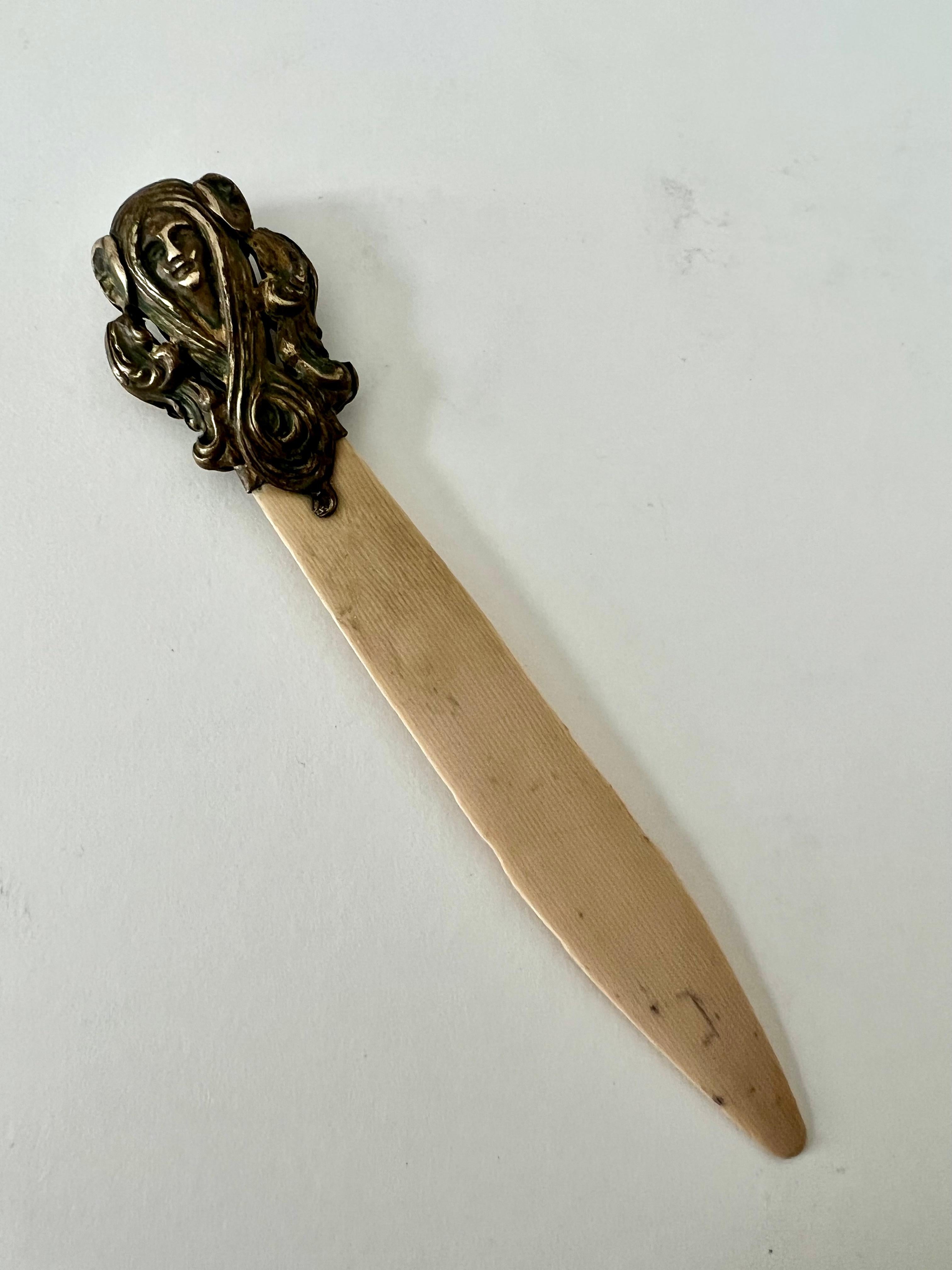 Hand-Crafted 19th Century French Art Nouveau Brass and Bone Letter Opener For Sale