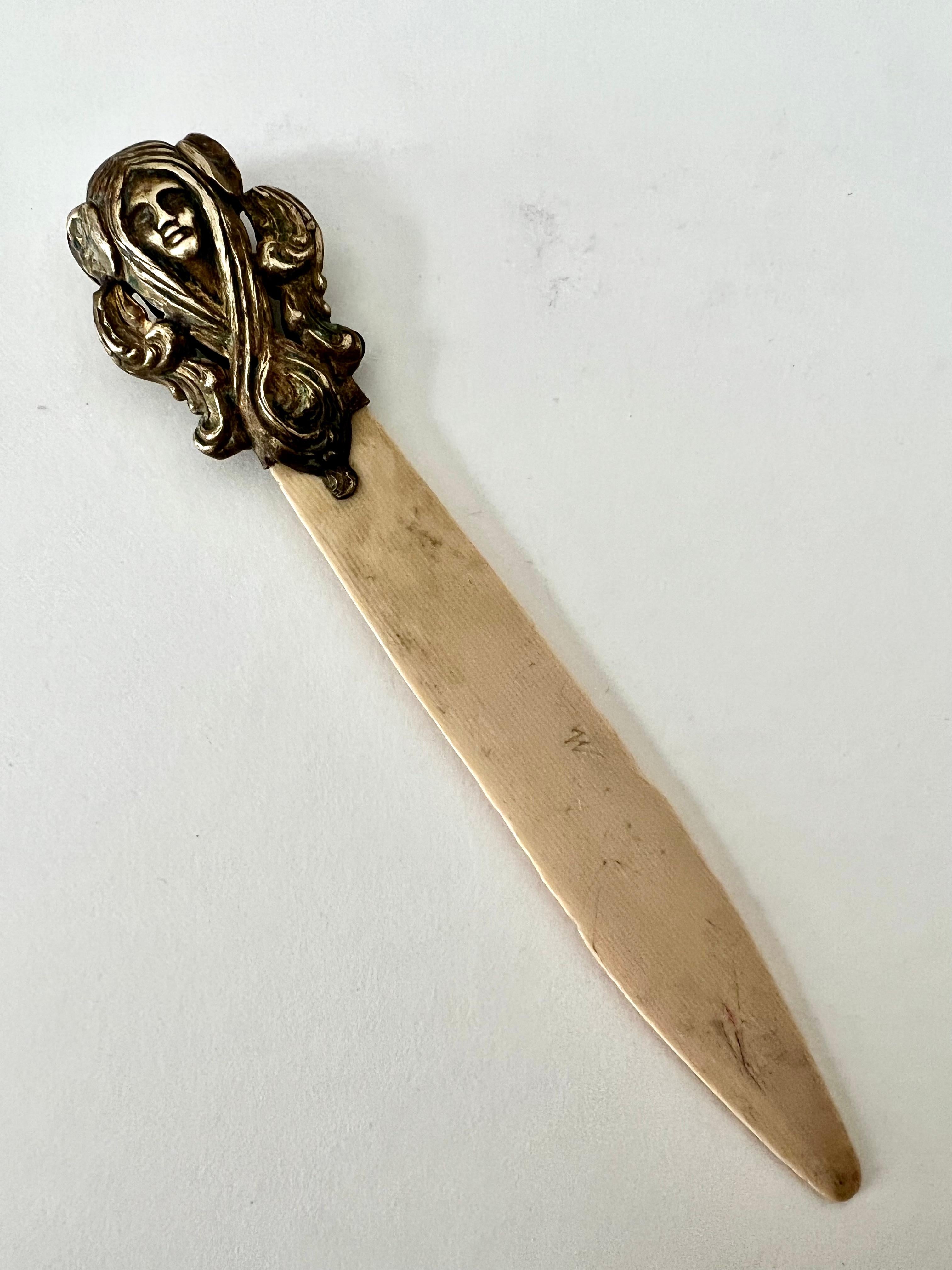 19th Century French Art Nouveau Brass and Bone Letter Opener In Good Condition For Sale In Los Angeles, CA